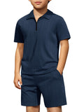 Haloumoning Boys 2 Piece Summer Outfits Kids Quarter Zip Polo Shirt and Shorts Set Athletic Tracksuit 5-14 Years