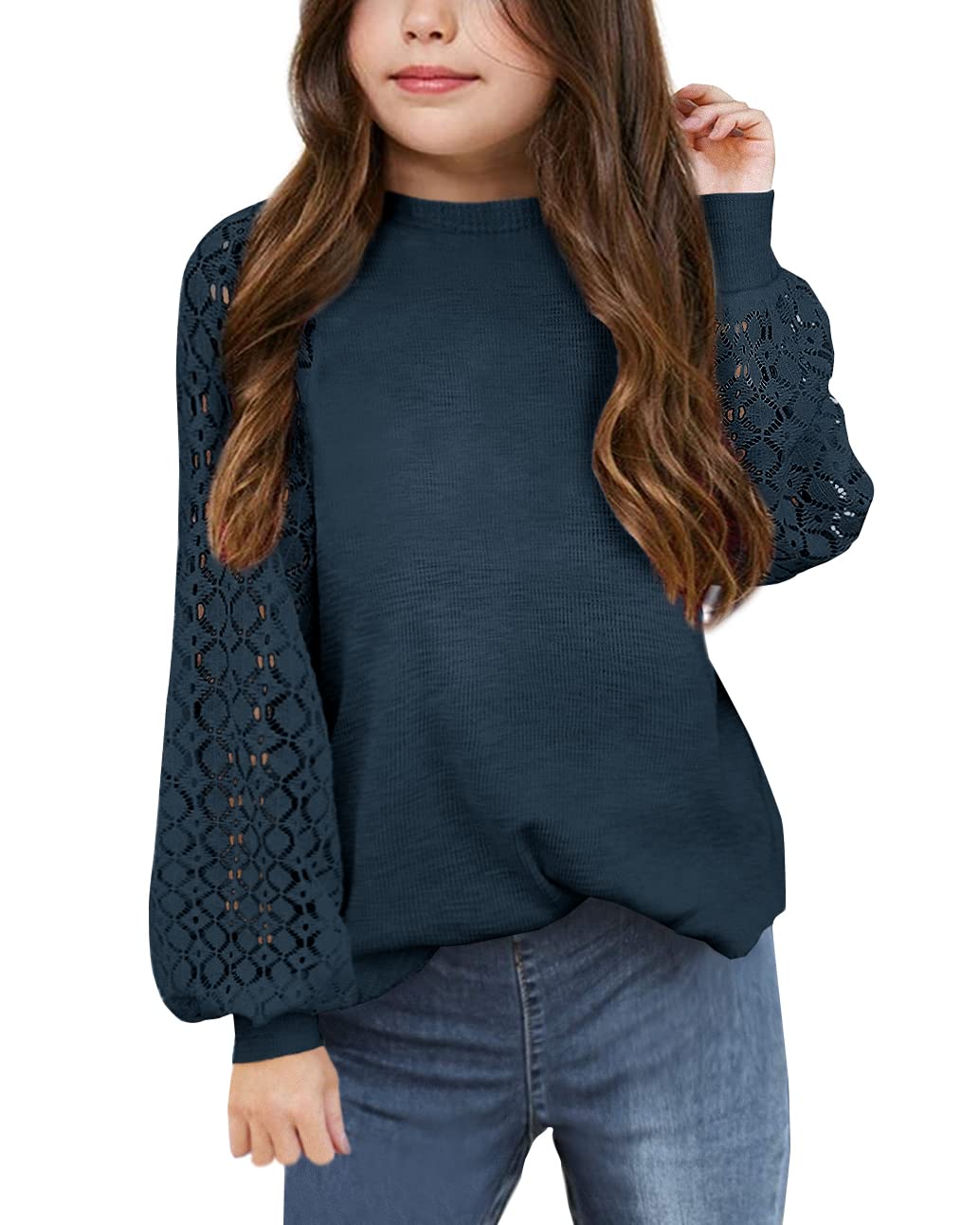 Apbondy Girls Long Sleeve Shirts Casual Crew Neck Lace Loose Blouse Tops
