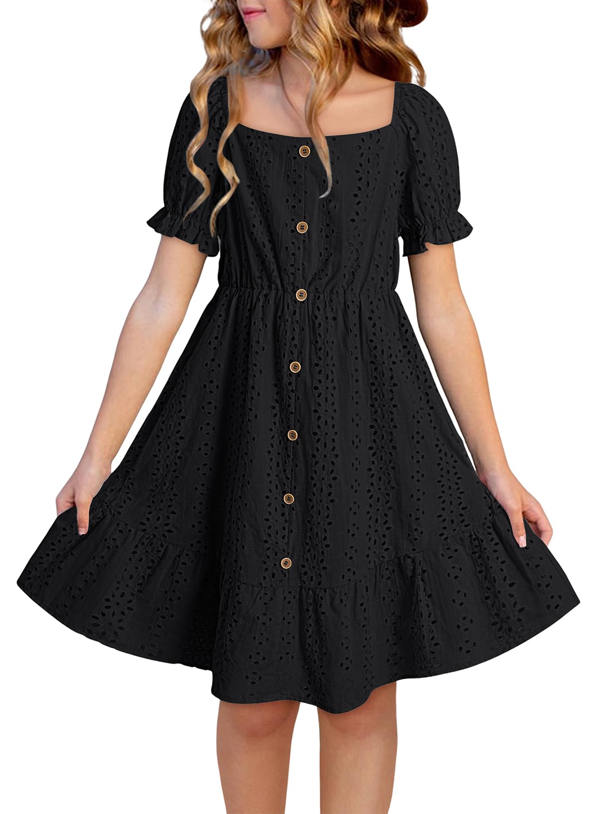 DOKOTOO KIDS Girls Dresses Summer Short Sleeve Casual A-line Button Down Eyelet Midi Dress 6-15 Years