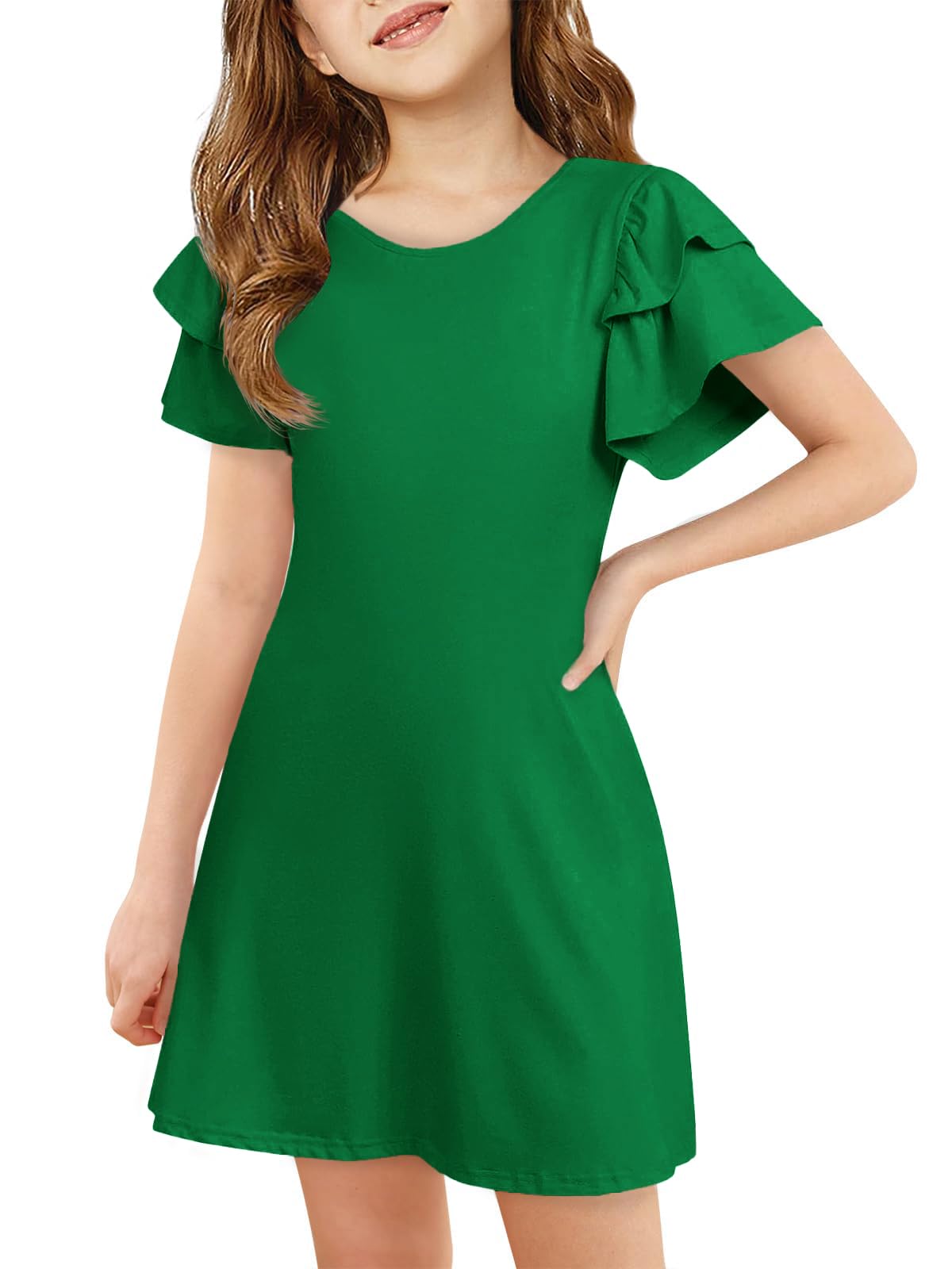 ZDC Girls Ruffle Sleeve Casual Dresses Summer Kids A Line Skater Dress 5-14 Years