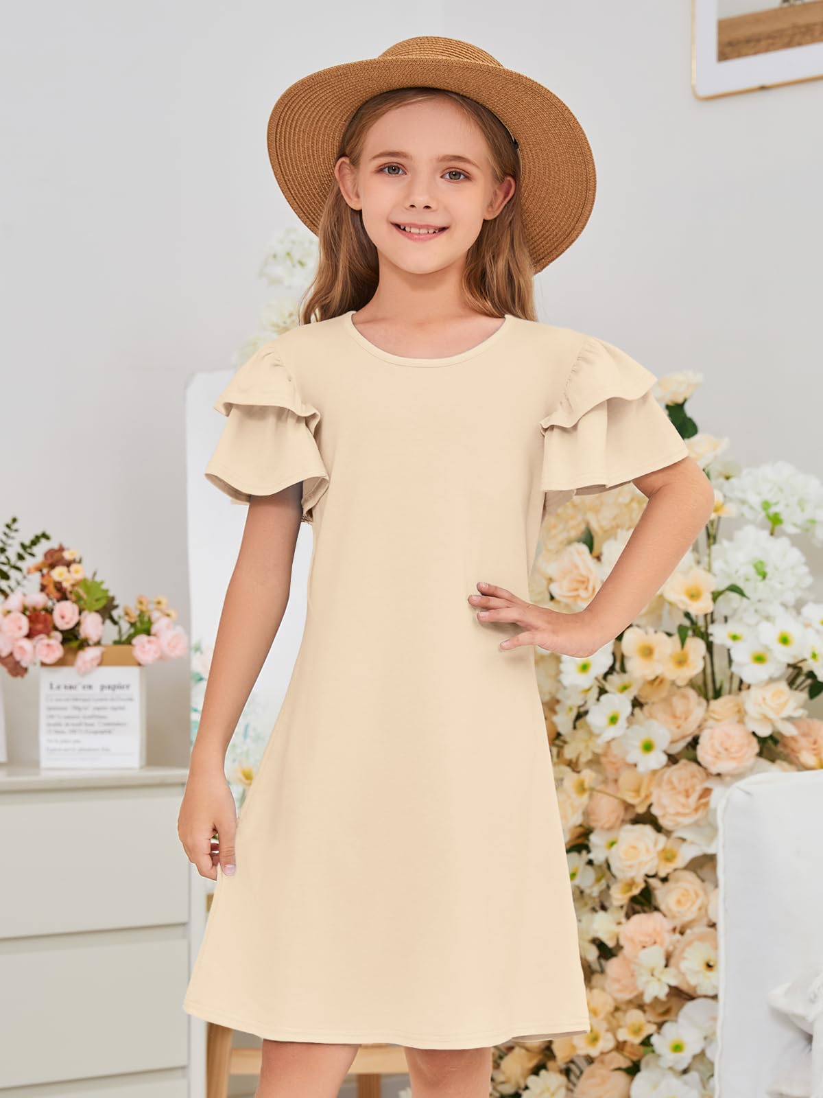 ZDC Girls Ruffle Sleeve Casual Dresses Summer Kids A Line Skater Dress 5-14 Years