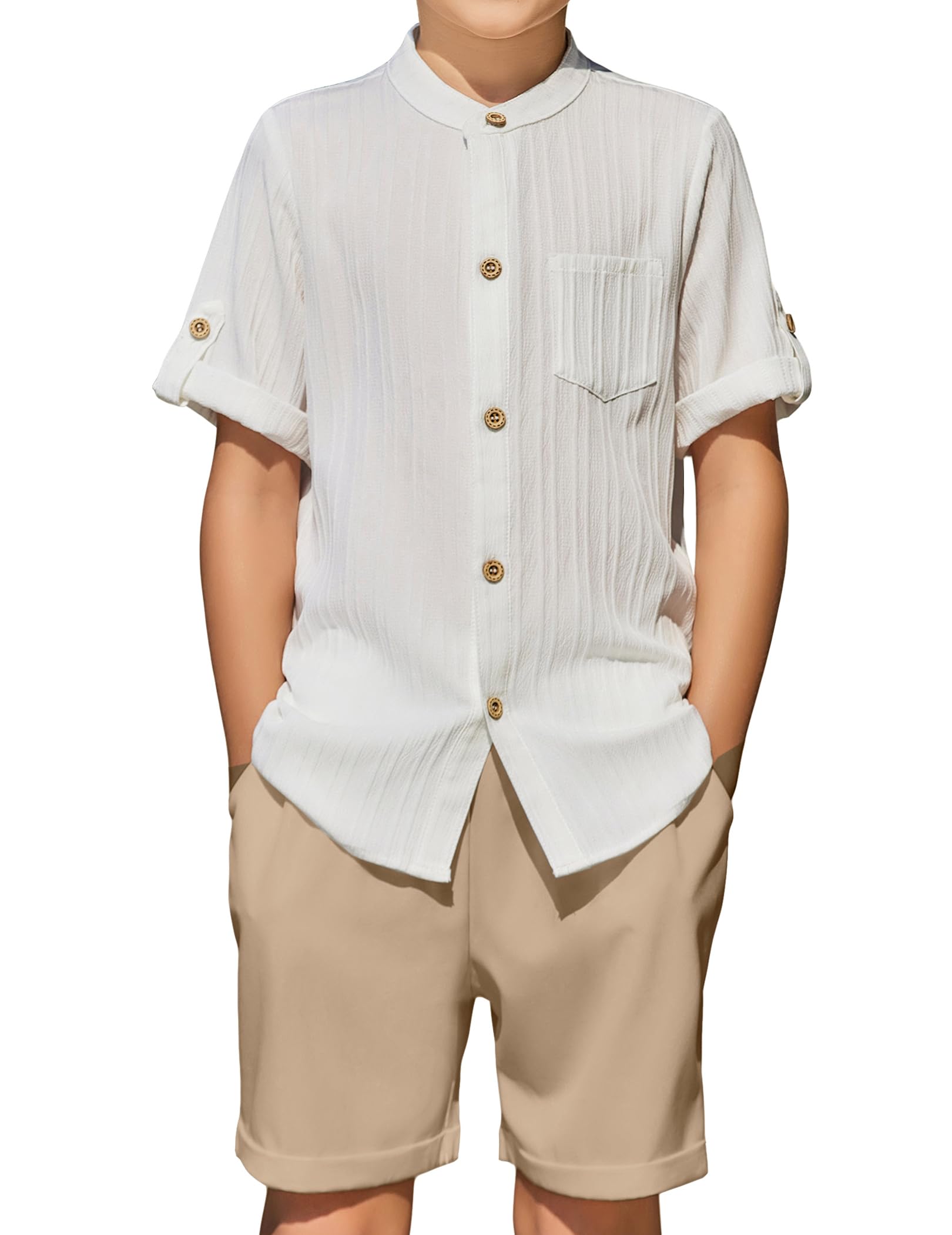 Arshiner Boy's 2 Piece Beach Outfit Short Sleeve Textured Button Down Shirt and Short Sets Summer Vacation Wear 4-12 Years