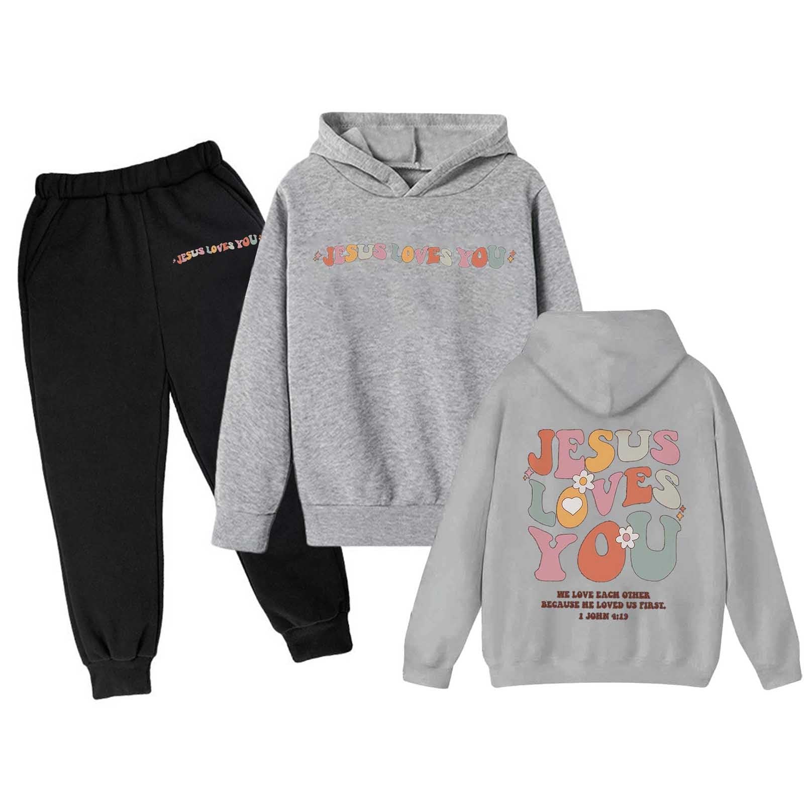 Boys Girls Tracksuits 2 Piece Love Like Jesus Letter Print Back to School Clothes Fall Trendy Sweatshirts and Sweatpant 3-13Y