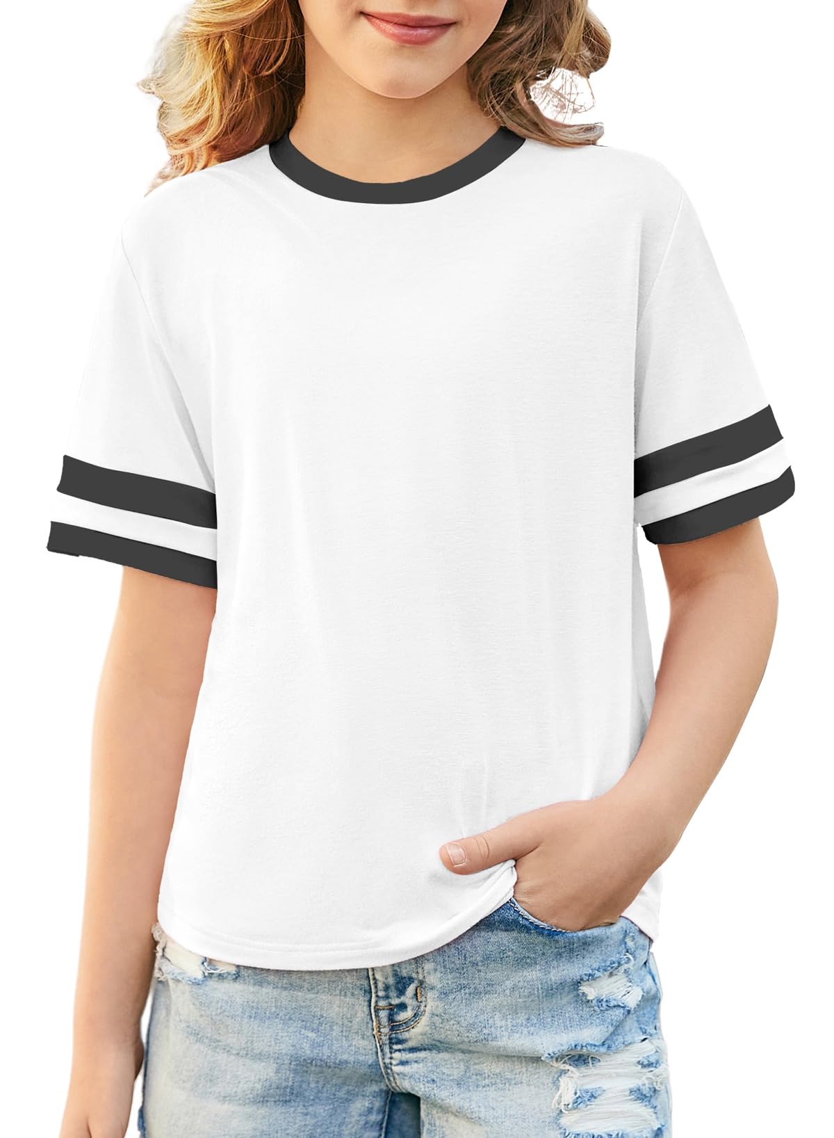 blibean Girls T Shirts Short Sleeve Tees Loose Fit Colorblock Summer Tops Size 6-15 Years