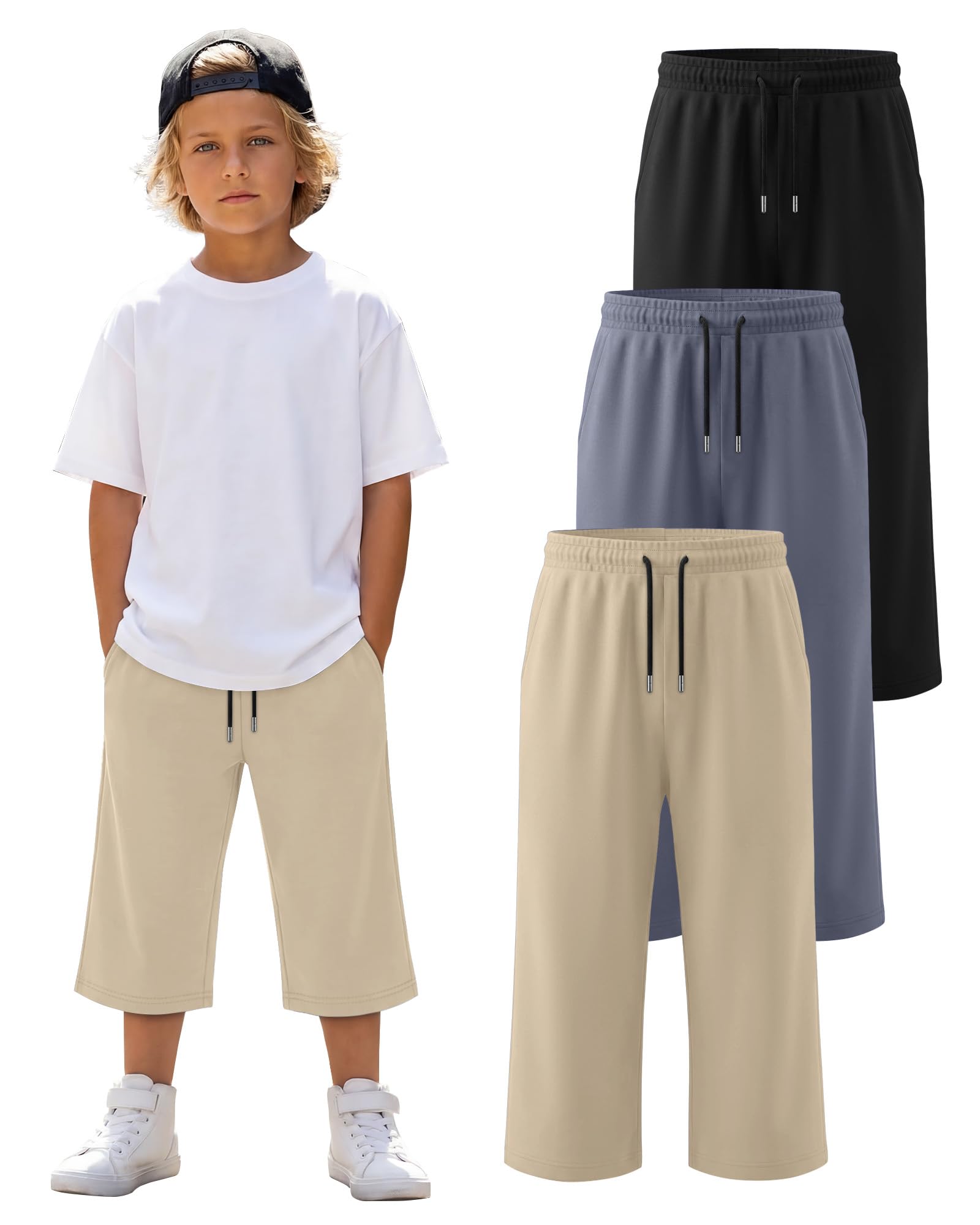 LessonZoo 3 Pack Boys Capri Pants Teen Kids Wide Leg Drawstring Joggers Below Knee Shorts 3/4 Baggy Sweatpants with Pockets