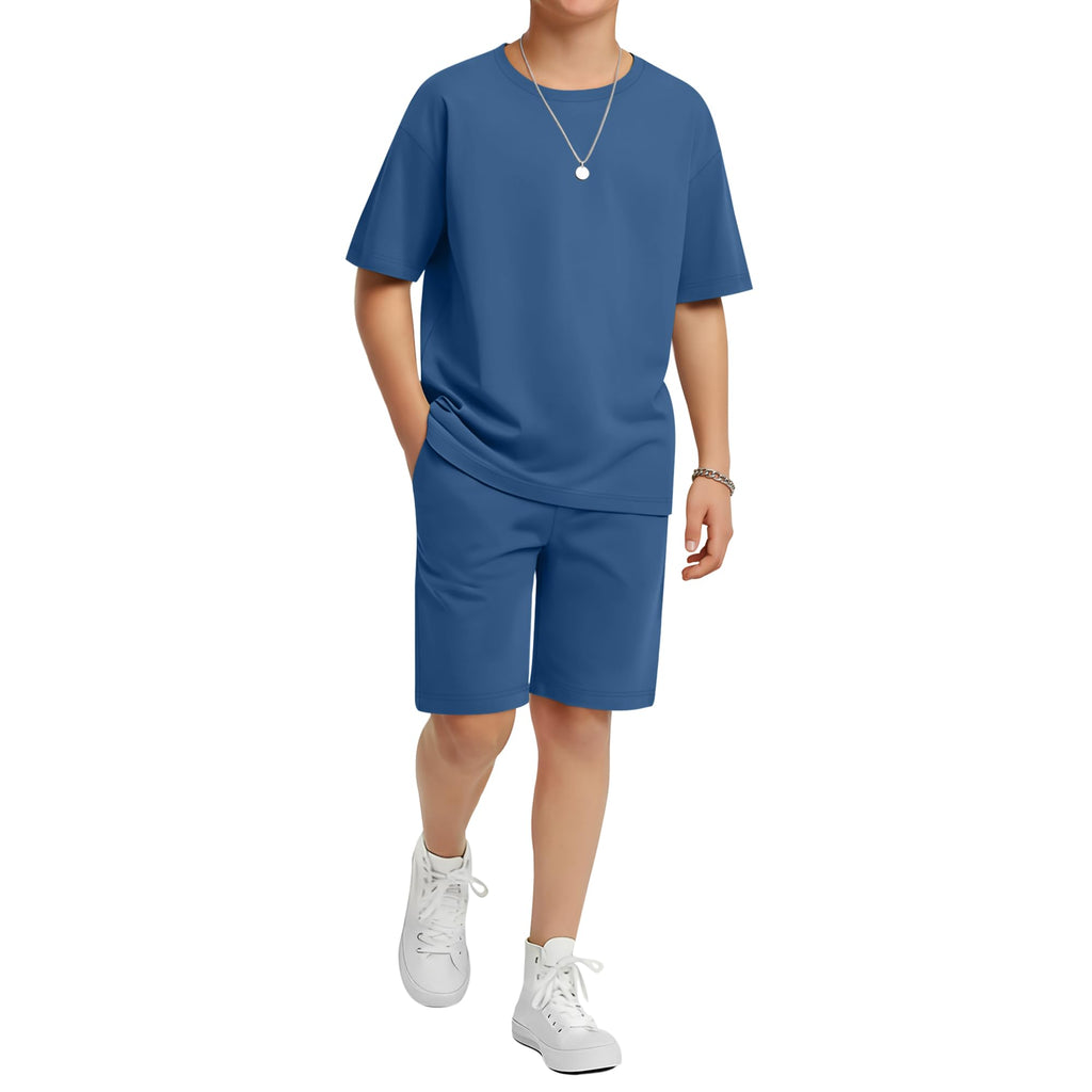 LessonZoo Boy's 2 Piece Outfits Set Summer Comfy Crewneck Oversized Short Sleeve Shirts Shorts Casual Clothing 5-14 Years