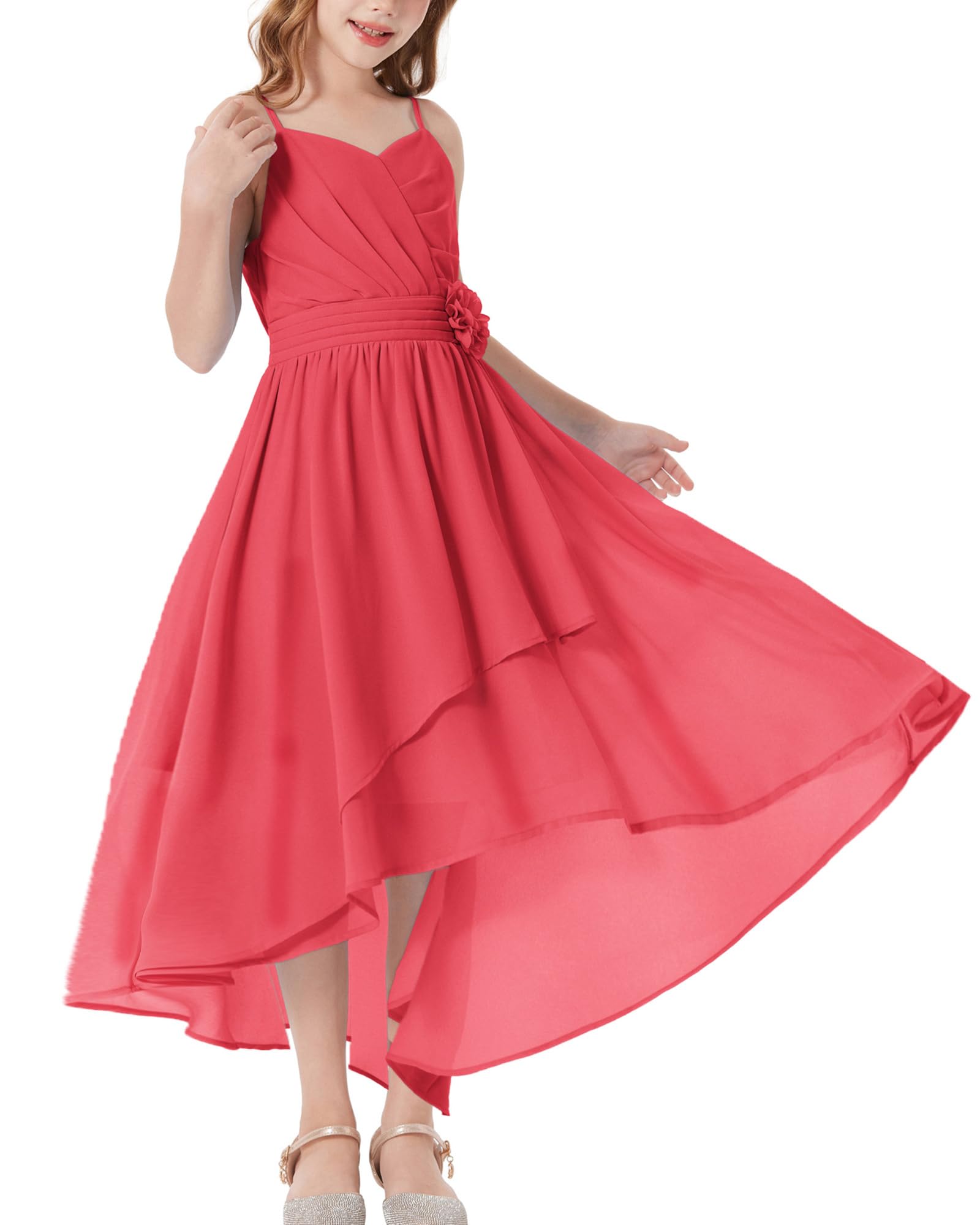 GRACE KARIN Girls Chiffon Summer Dresses Teen Long Party Formal Dress Flower Bridesmaid Straps Shirred High Low Clothes 6-14