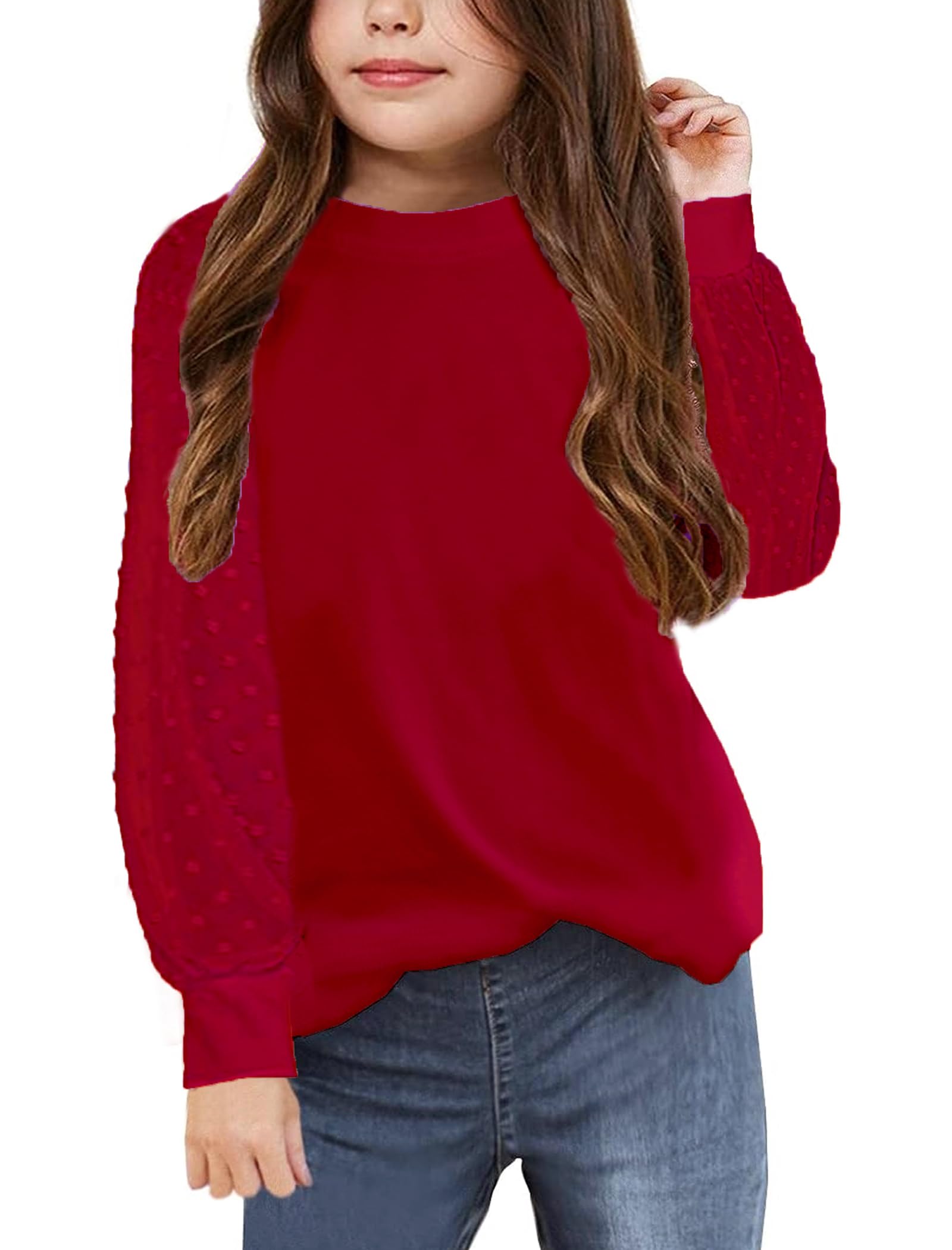 Yekaty Girls Shirts Casual Solid Color Crewneck Blouses Soft Long Sleeve Swiss Dots Chiffon Tops