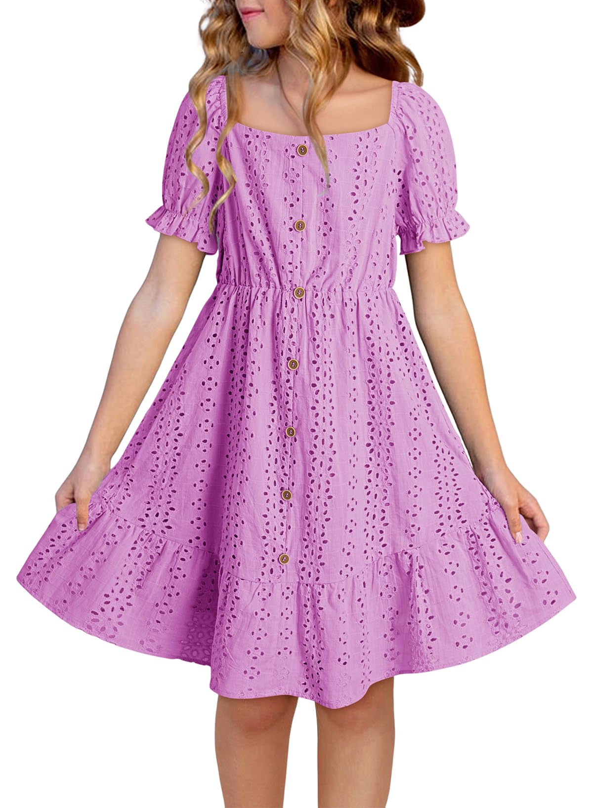 DOKOTOO KIDS Girls Dresses Summer Short Sleeve Casual A-line Button Down Eyelet Midi Dress 6-15 Years
