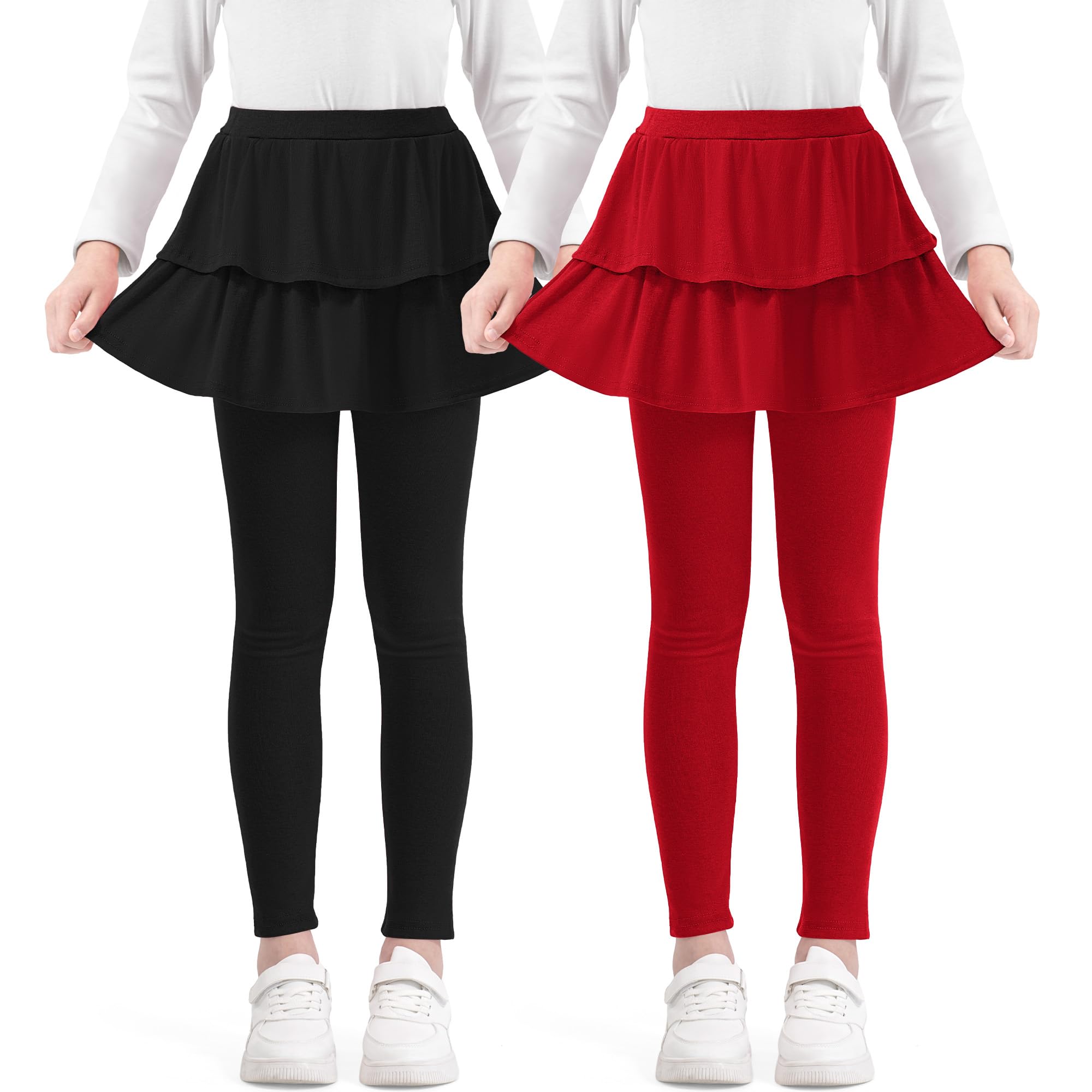 Somaibo Girls Leggings with Skirts School Uniform Athletic Stretchy Tutu Pants Kids Warm Ruffle Clothes 2-Pack