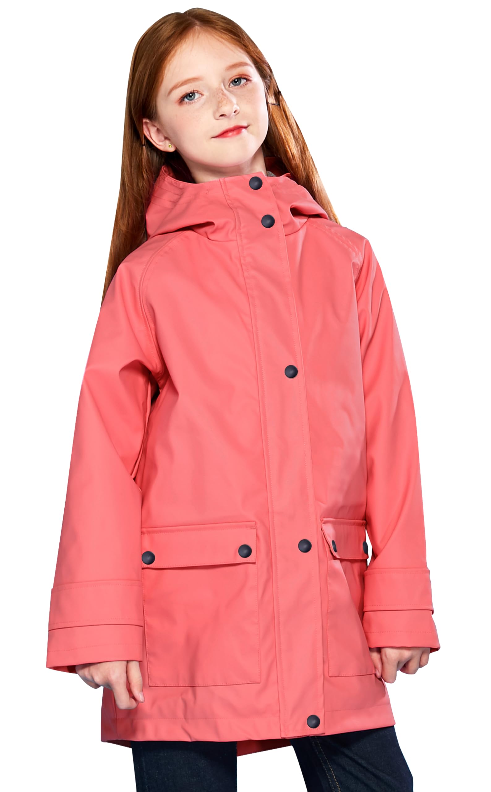 SOLOCOTE Kids Rain Jacket Hooded Lined Rubber RainCoats for Girls Boys Waterproof Windproof Size 5-14Y