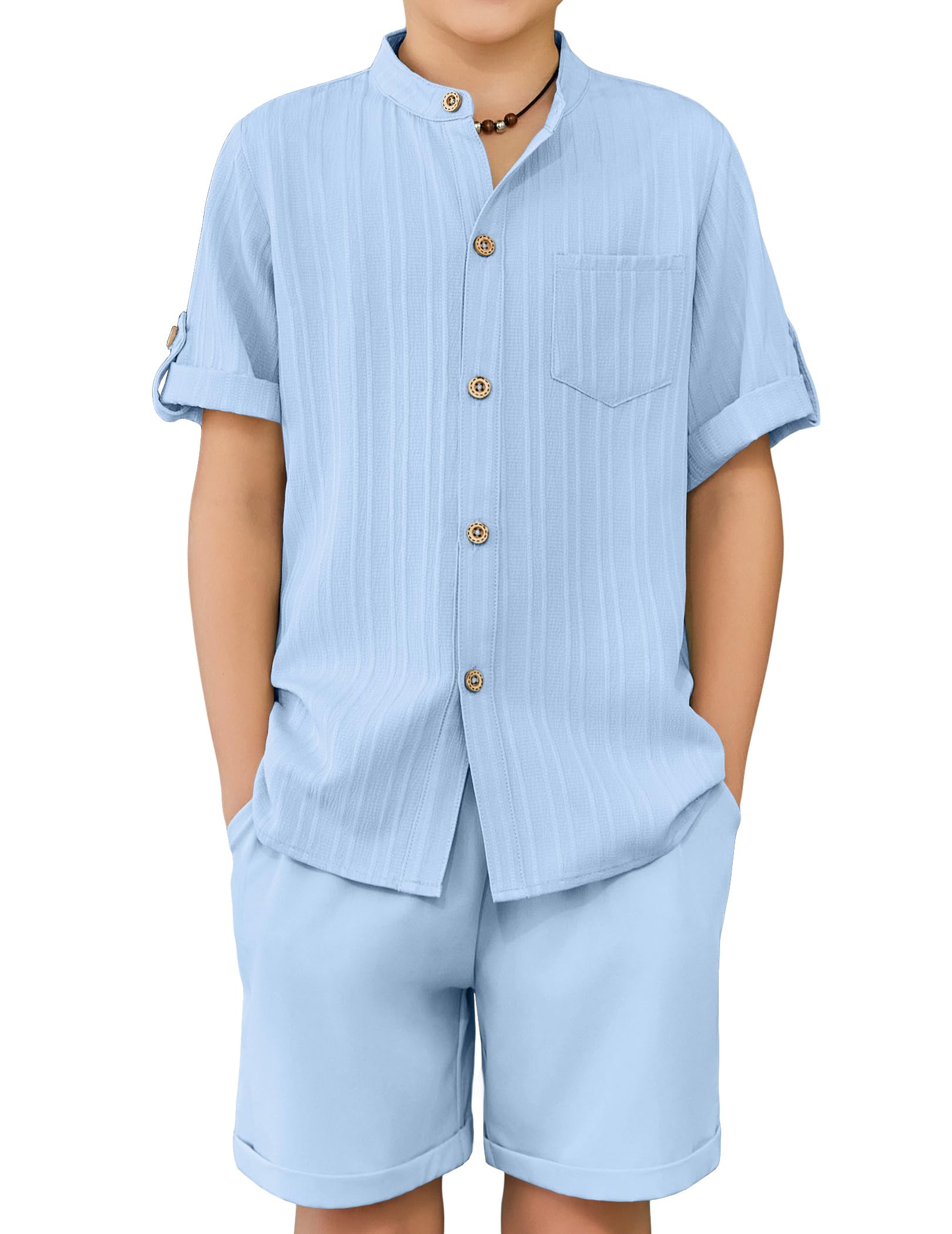 Arshiner Boy's 2 Piece Beach Outfit Short Sleeve Textured Button Down Shirt and Short Sets Summer Vacation Wear 4-12 Years