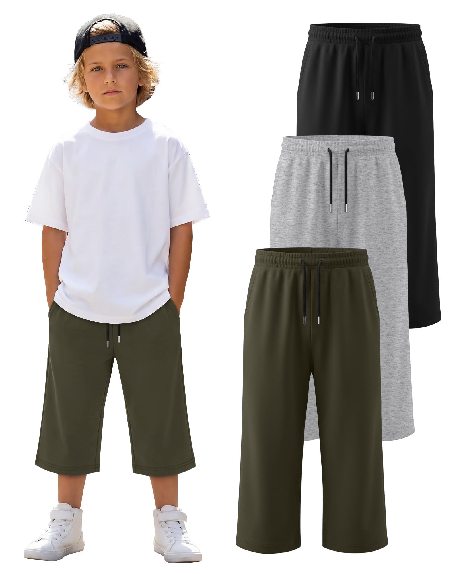 LessonZoo 3 Pack Boys Capri Pants Teen Kids Wide Leg Drawstring Joggers Below Knee Shorts 3/4 Baggy Sweatpants with Pockets