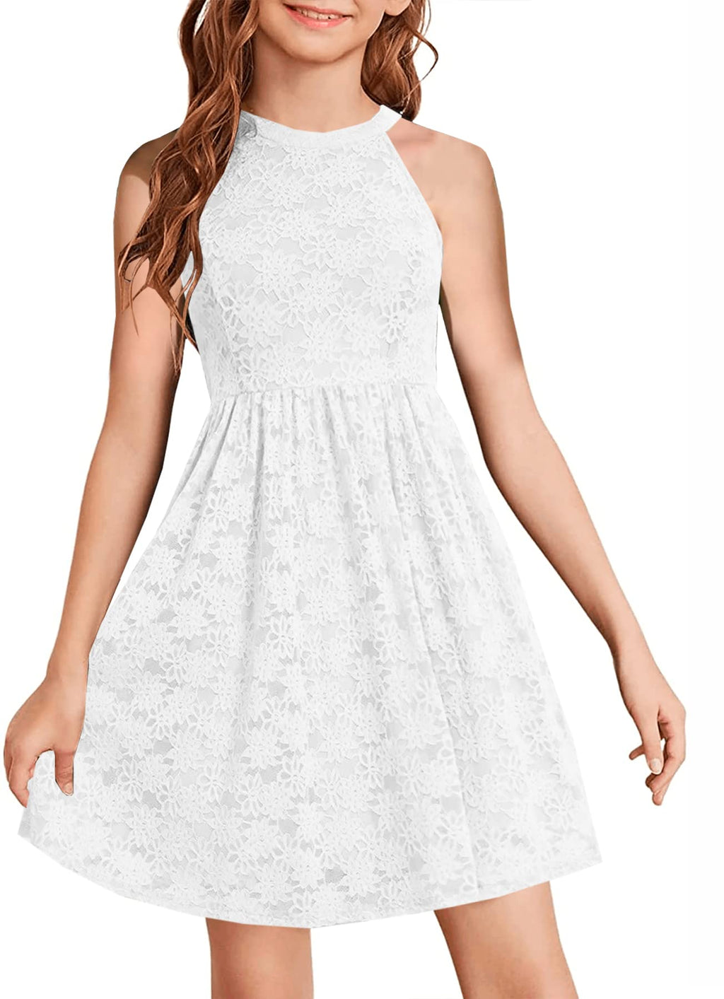 HOSIKA Girls Halter Neck Sleeveless Elegant Floral Lace A-line Flared Swing Party Dress for 6-12 Years Kid