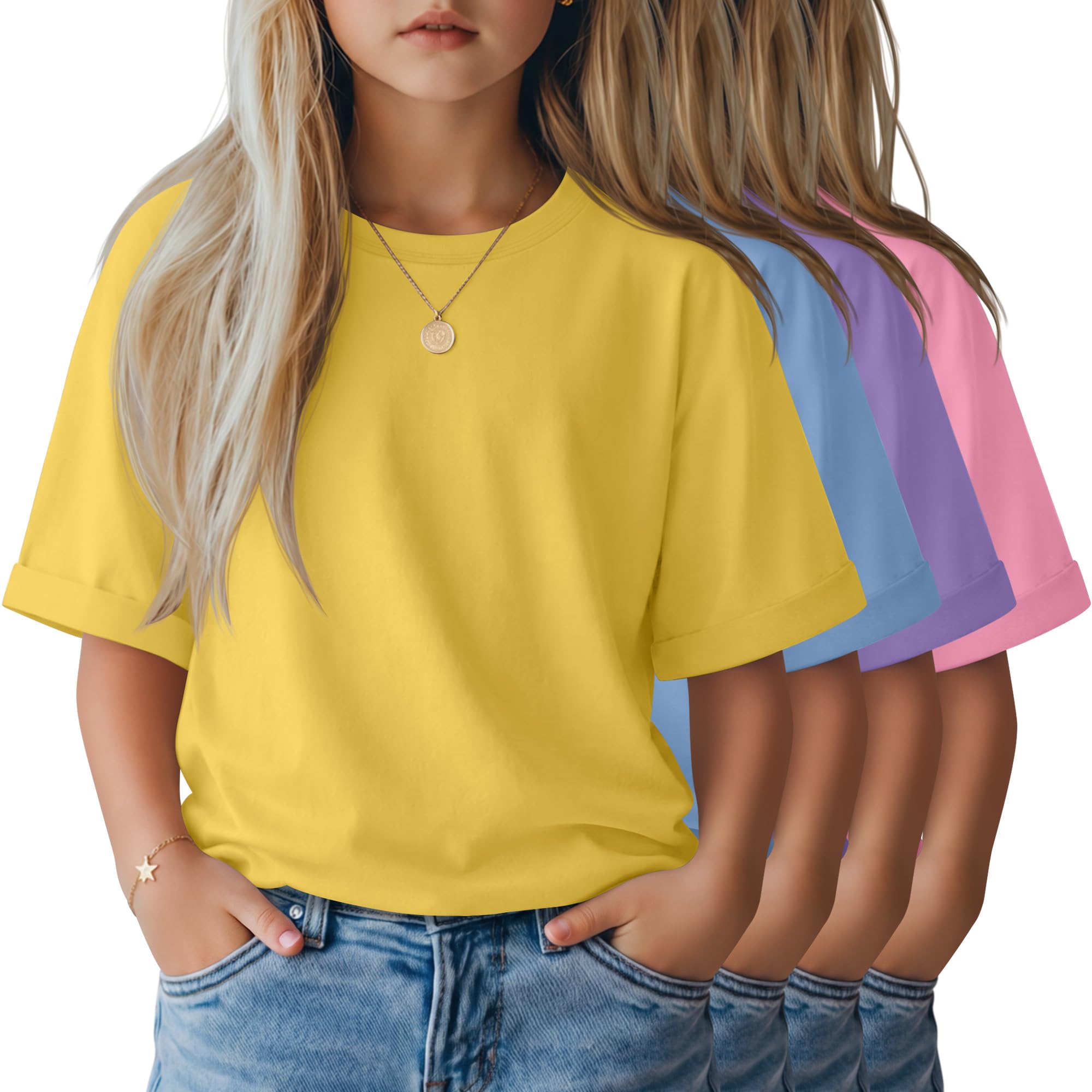 LessonZoo 4 Pack Girls' Oversized T-Shirts Rolled Short Sleeve Shirts Loose Fit Crew Neck Tops Casual Basic 5-14 Years Tees
