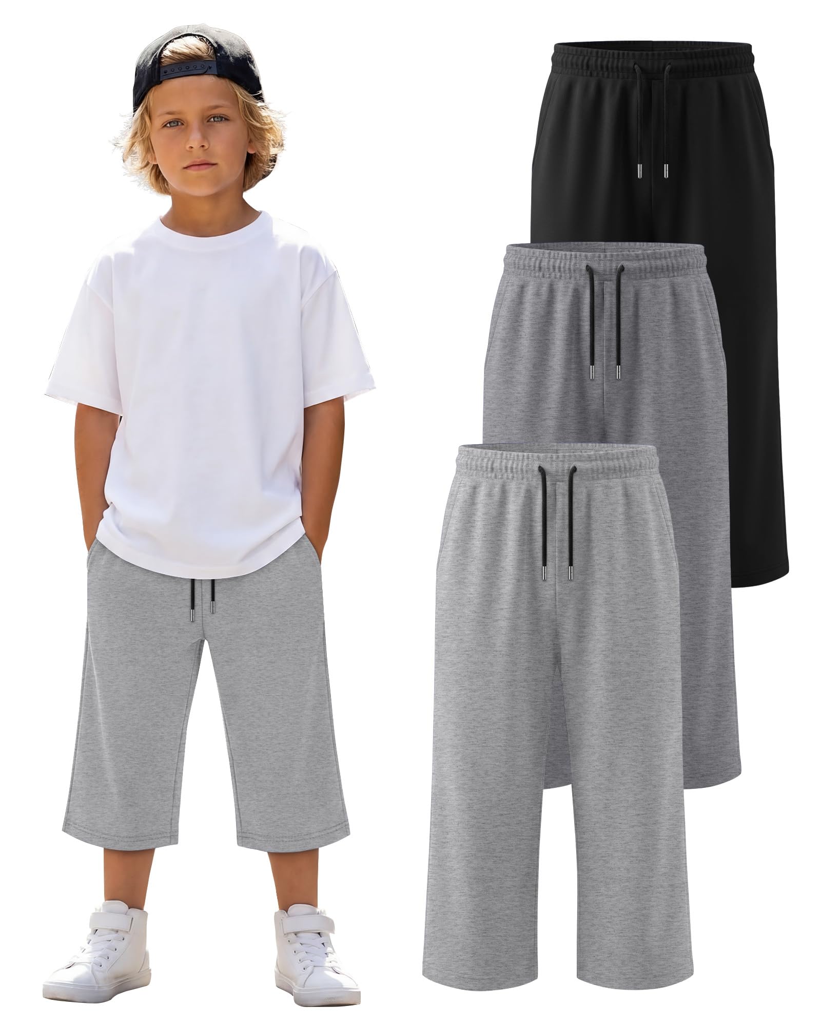 LessonZoo 3 Pack Boys Capri Pants Teen Kids Wide Leg Drawstring Joggers Below Knee Shorts 3/4 Baggy Sweatpants with Pockets