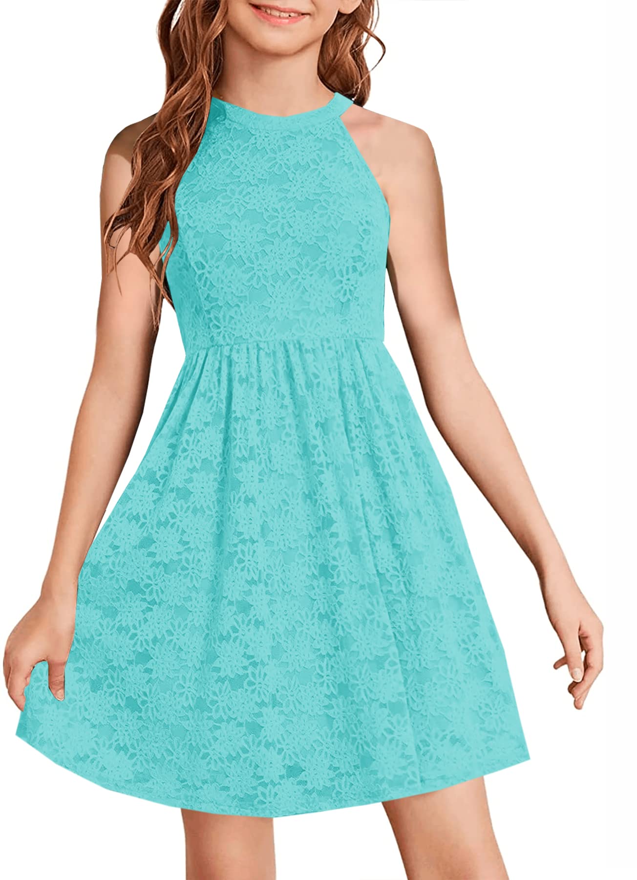 HOSIKA Girls Halter Neck Sleeveless Elegant Floral Lace A-line Flared Swing Party Dress for 6-12 Years Kid