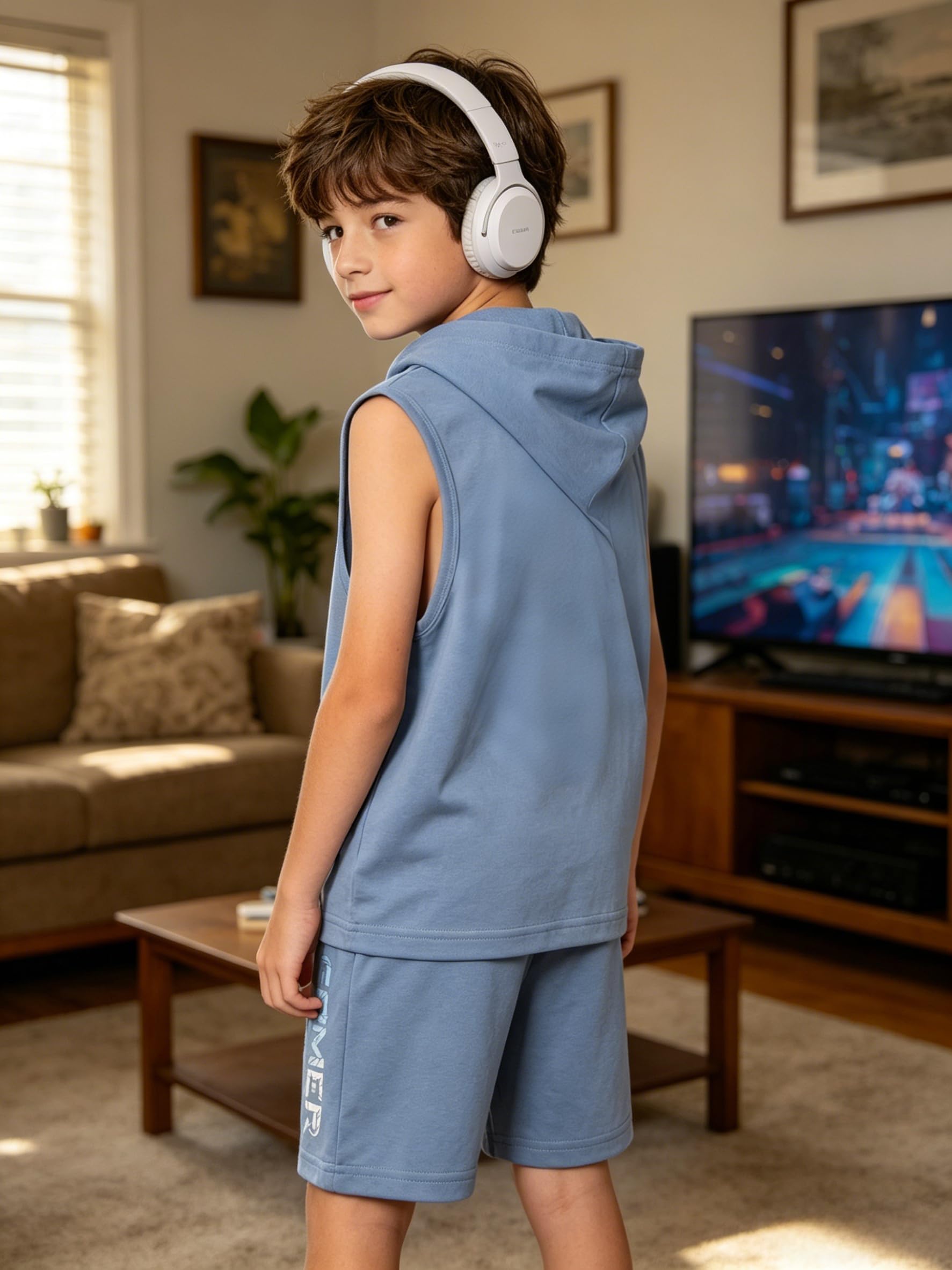 KIDLAGA Tween Boys Summer Clothes 2 Piece Short Sleeve Graphic Sleeveless Hooded Shirt and Shorts Outfit for 7-14 Years