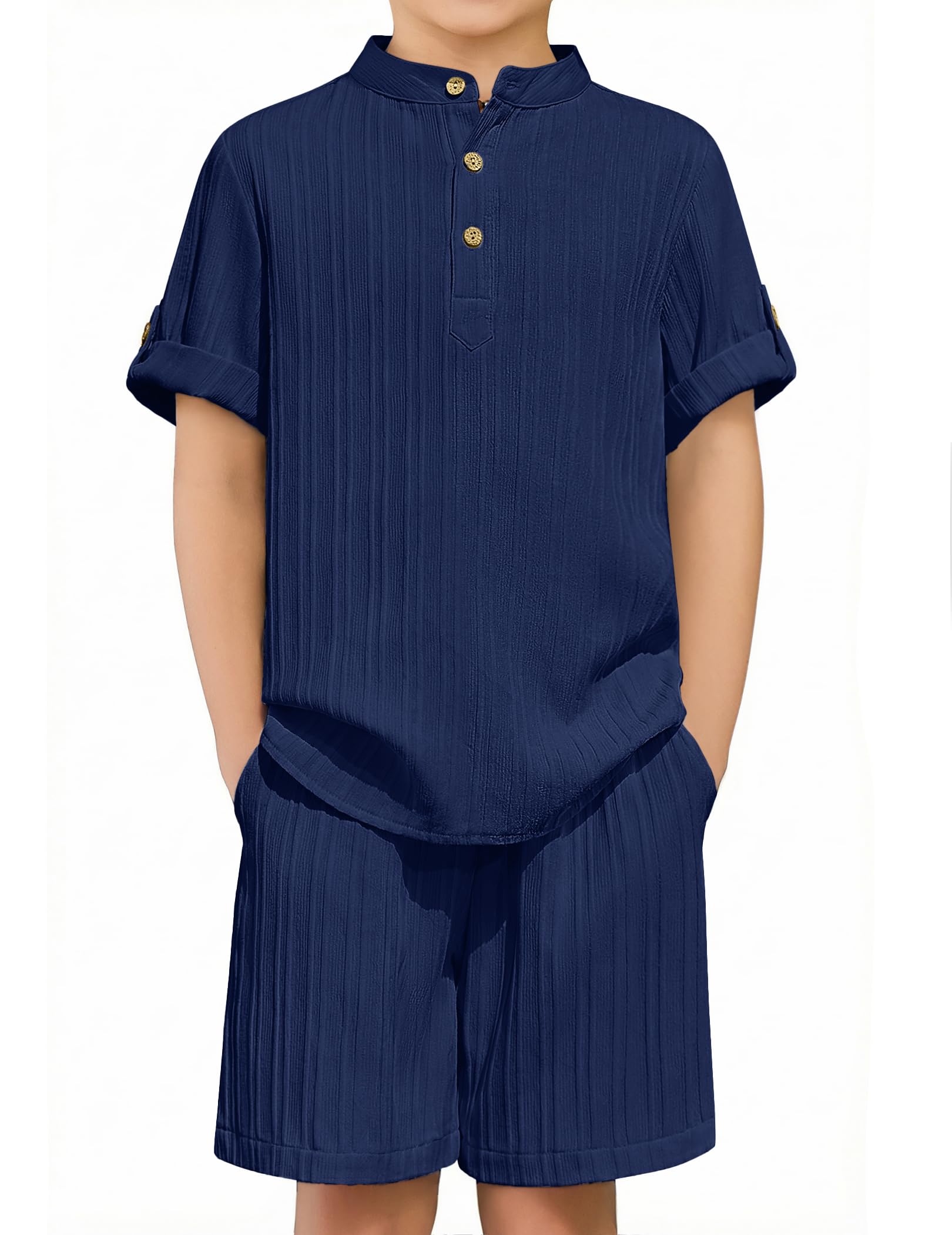 Arshiner Boys 2 Piece Summer Beach Outfits Textured Henley Shirts and Shorts Set Casual Vacation Clothes for 4-12 Years Kids
