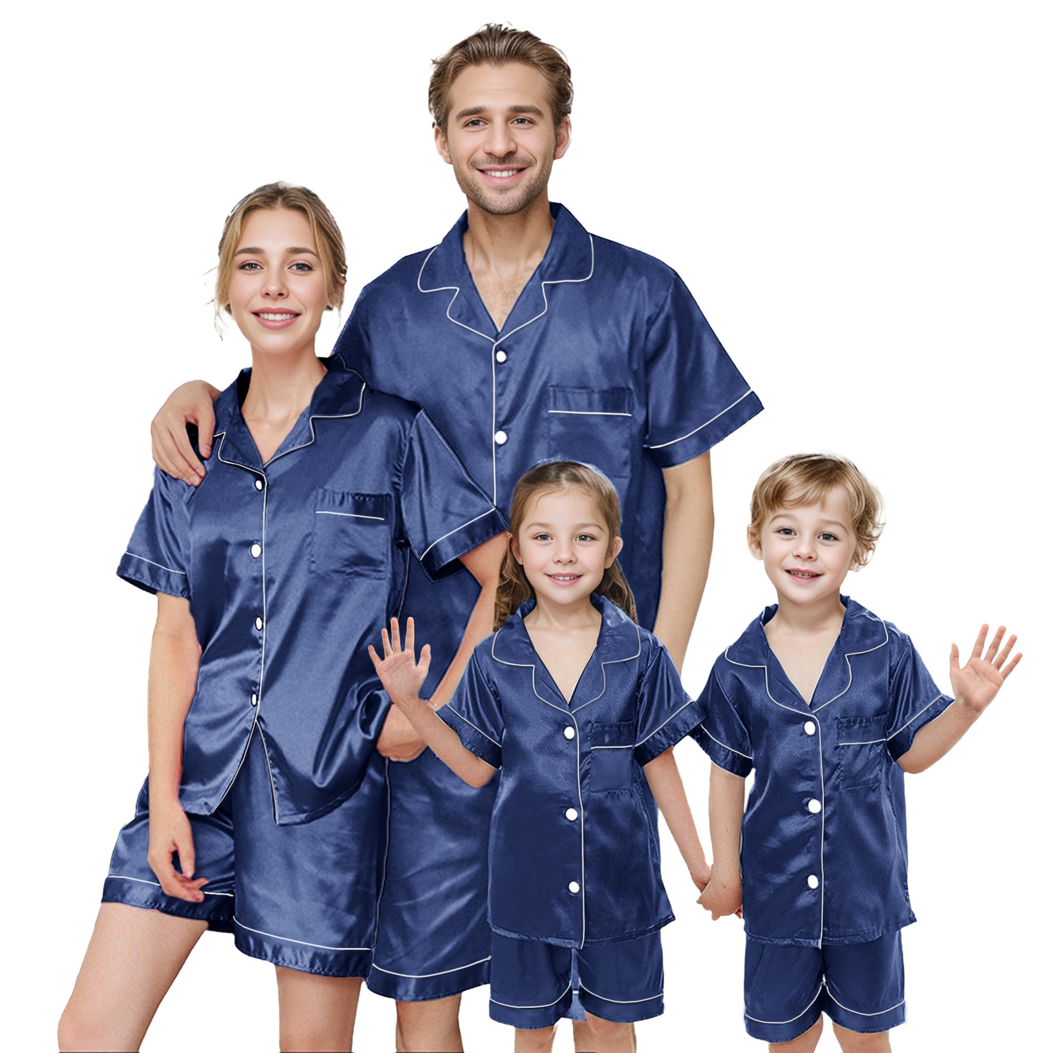 IFFEI Matching Family Silk Pajamas Set Satin Button Down Loungewear 2 Piece Top and Shorts Pjs for Couples with Pocket