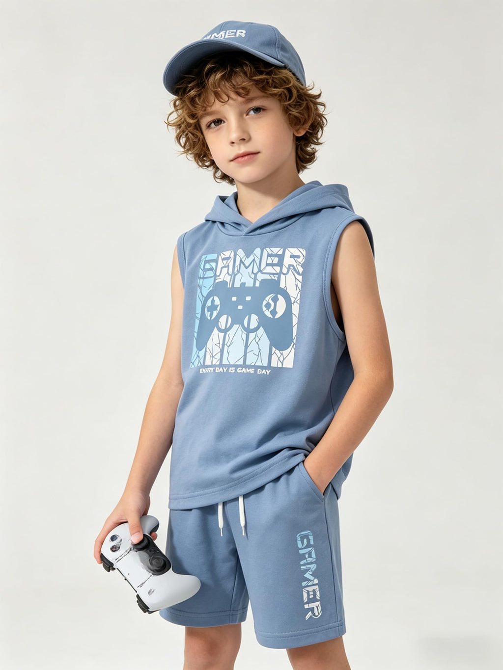 KIDLAGA Tween Boys Summer Clothes 2 Piece Short Sleeve Graphic Sleeveless Hooded Shirt and Shorts Outfit for 7-14 Years