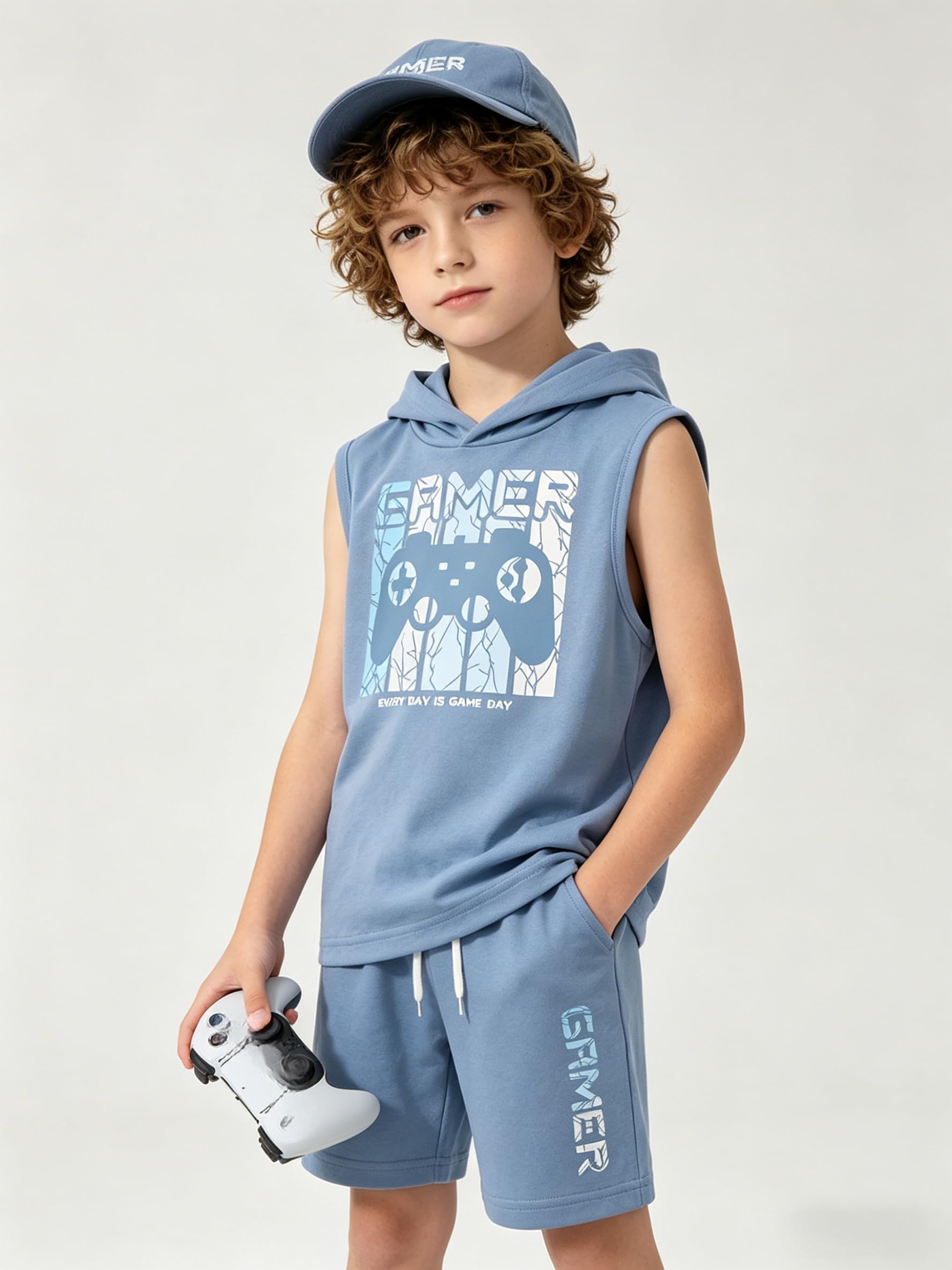 KIDLAGA Tween Boys Summer Clothes 2 Piece Short Sleeve Graphic Sleeveless Hooded Shirt and Shorts Outfit for 7-14 Years