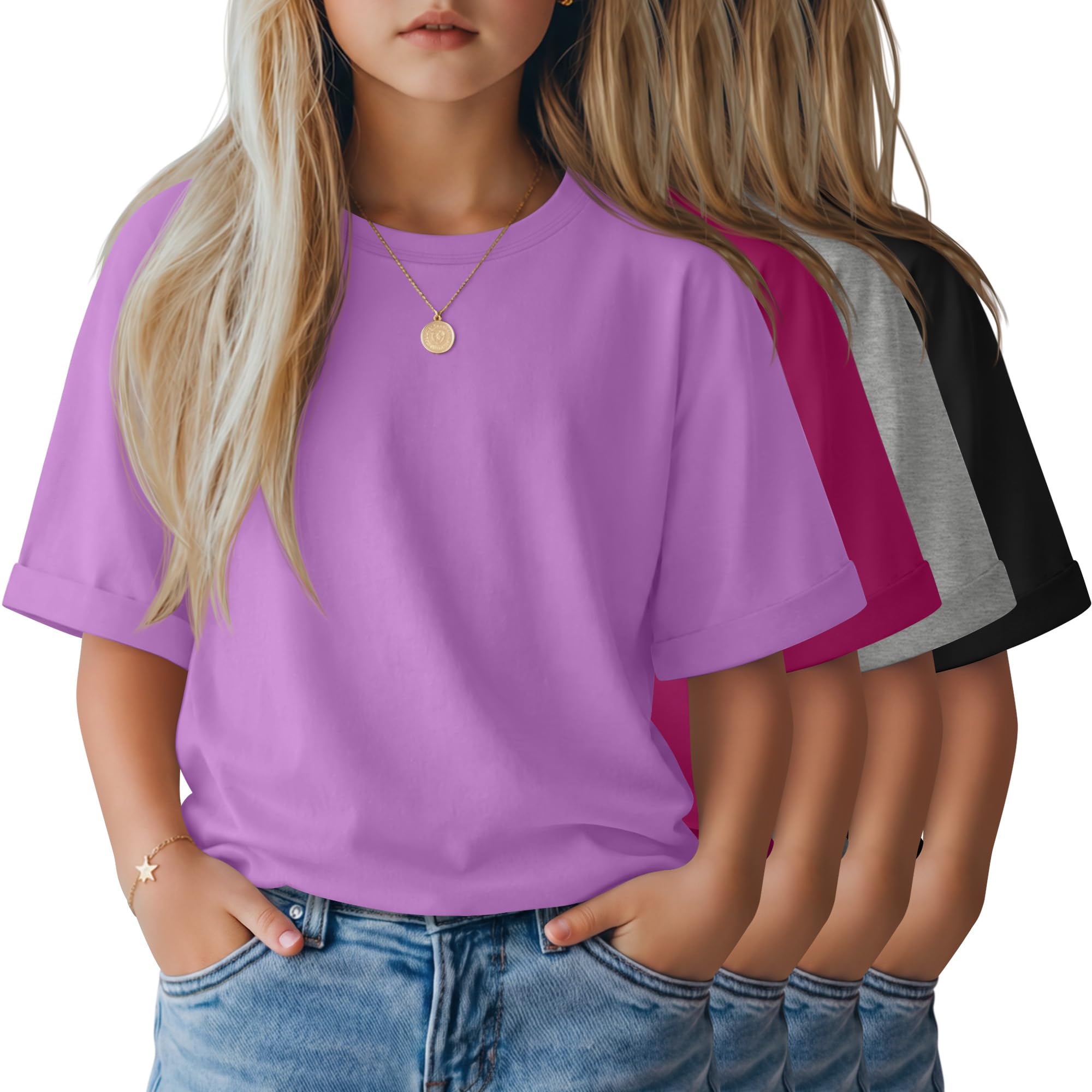 LessonZoo 4 Pack Girls' Oversized T-Shirts Rolled Short Sleeve Shirts Loose Fit Crew Neck Tops Casual Basic 5-14 Years Tees