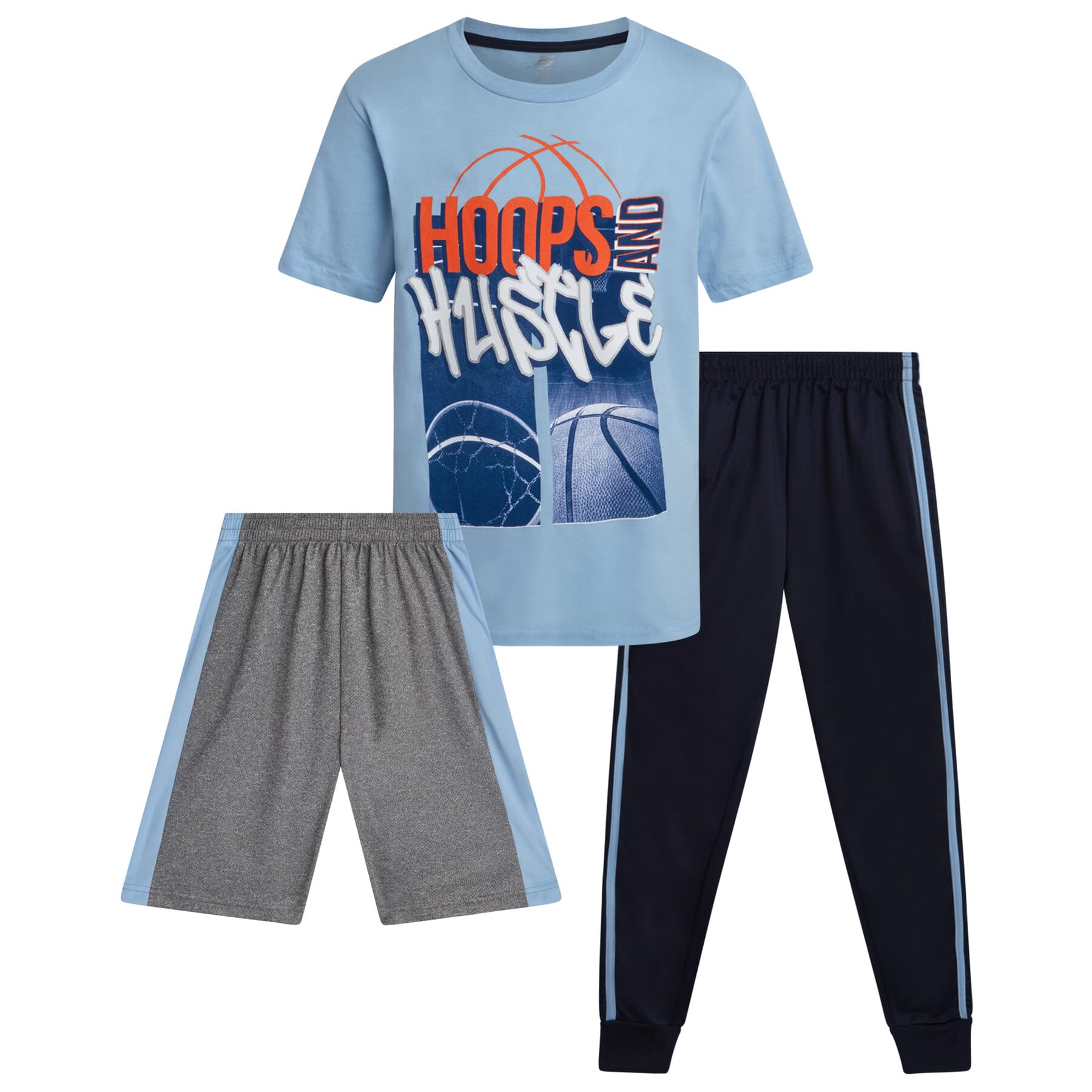 Pro Athlete Boys Pants Set - 3 Piece Active Short Sleeve Graphic Tees Athletic Shorts and Jogger Sweatpants for Boys