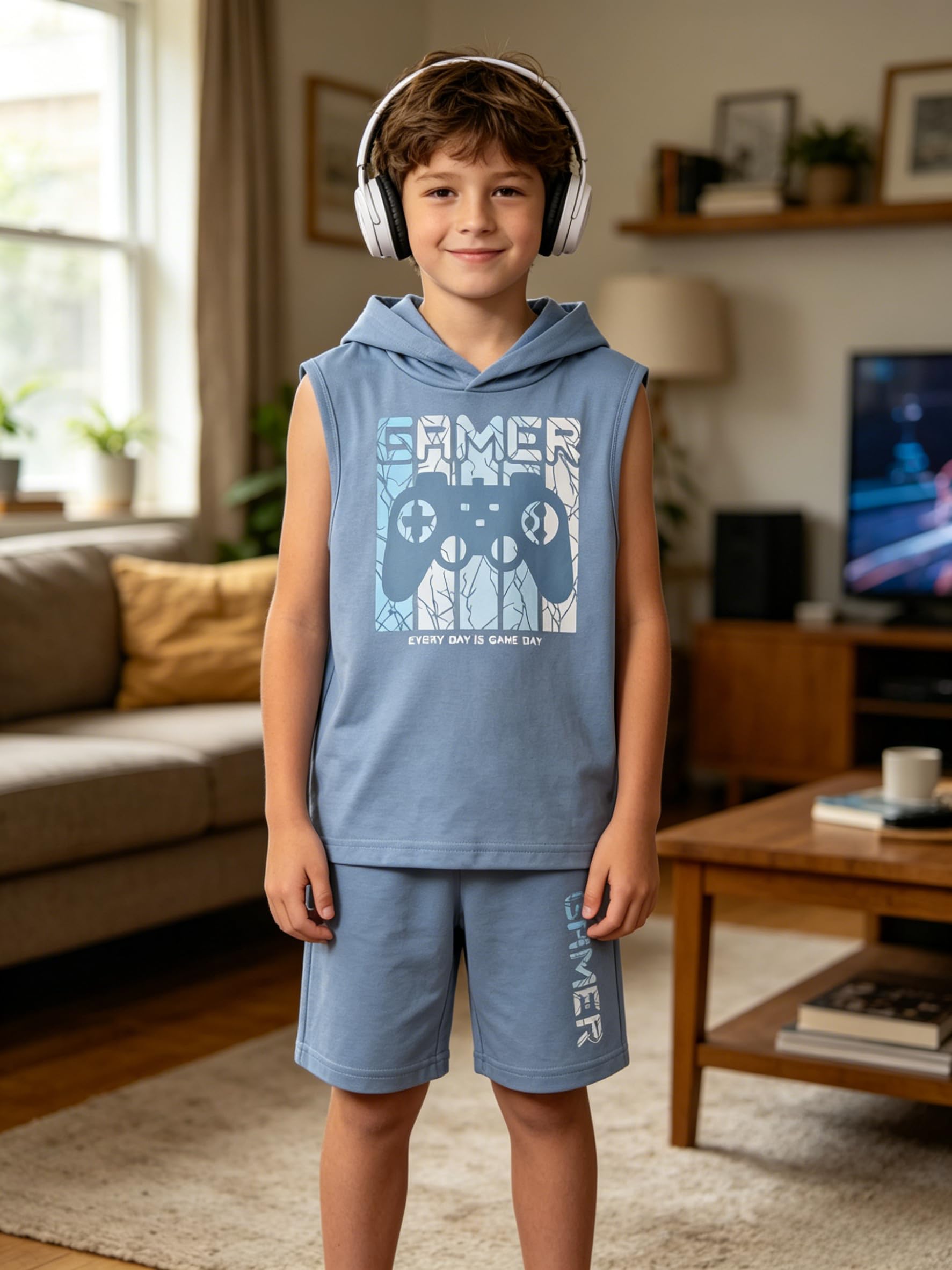 KIDLAGA Tween Boys Summer Clothes 2 Piece Short Sleeve Graphic Sleeveless Hooded Shirt and Shorts Outfit for 7-14 Years