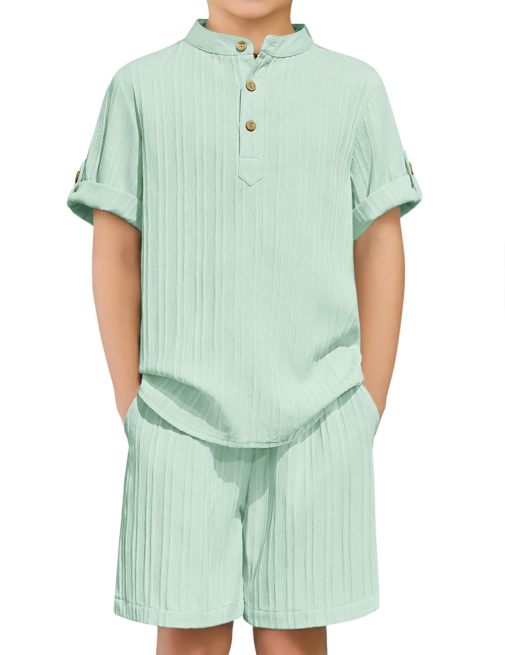 Arshiner Boys 2 Piece Summer Beach Outfits Textured Henley Shirts and Shorts Set Casual Vacation Clothes for 4-12 Years Kids