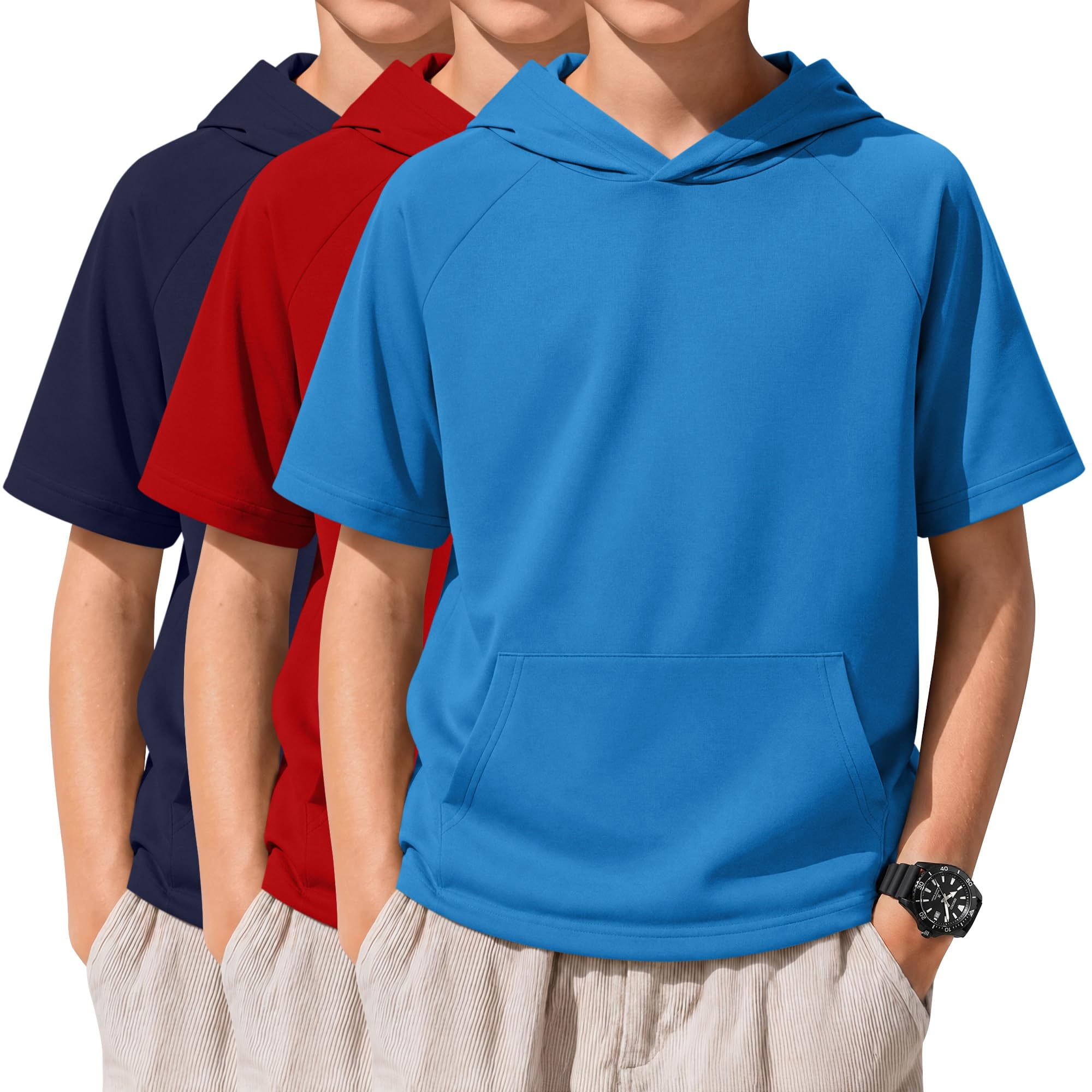 Xaatren 3 Pack Boys Short Sleeve Hoodie Kids Summer Hooded Pullover Shirts with Pocket Teen Athletic Hoodie Sweatshirt