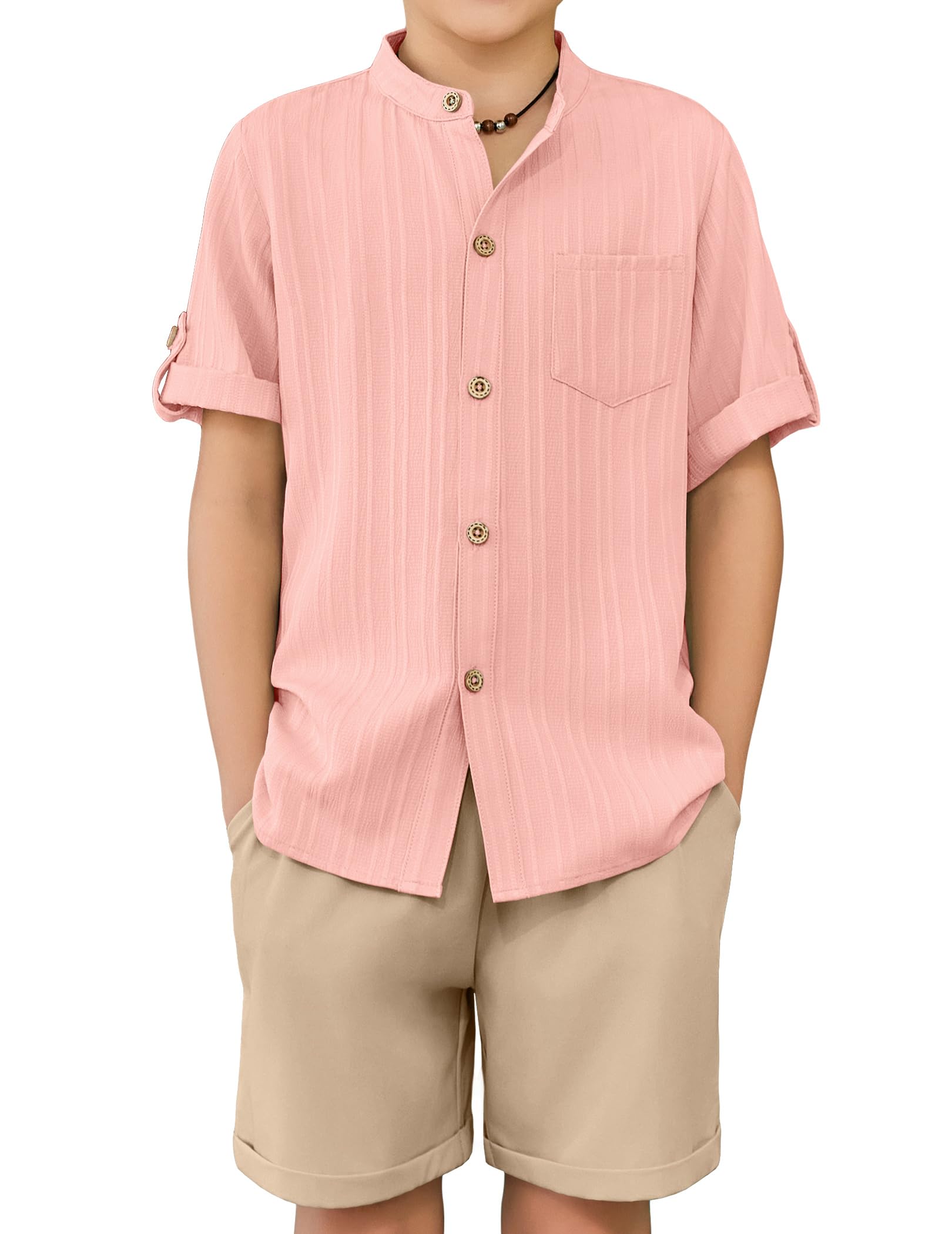 Arshiner Boy's 2 Piece Beach Outfit Short Sleeve Textured Button Down Shirt and Short Sets Summer Vacation Wear 4-12 Years