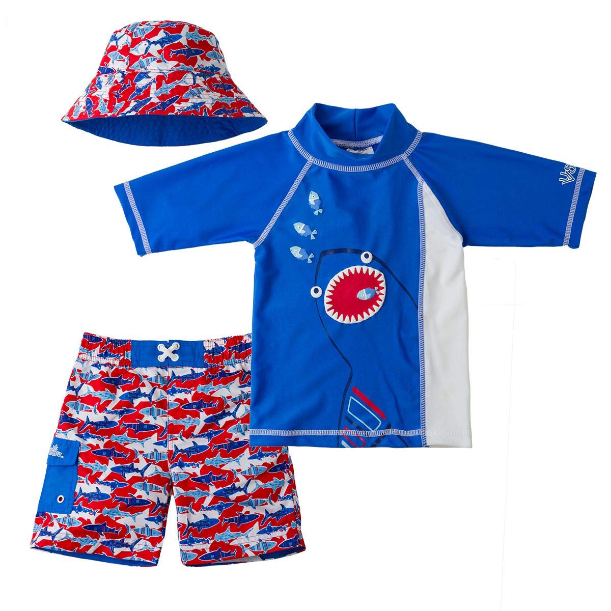 UV SKINZ Boys 3-Piece Swim Set with UPF 50+ Long Sleeve Rash Guard, Swim Shorts & Hat