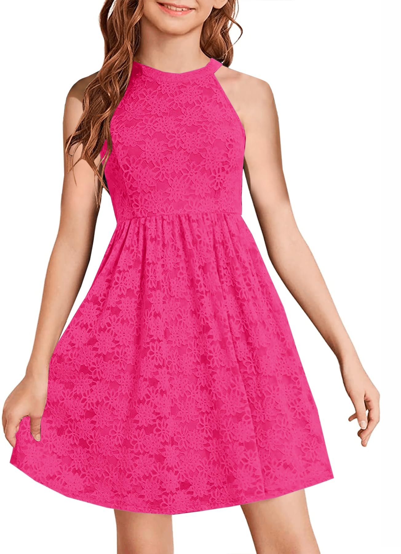 HOSIKA Girls Halter Neck Sleeveless Elegant Floral Lace A-line Flared Swing Party Dress for 6-12 Years Kid