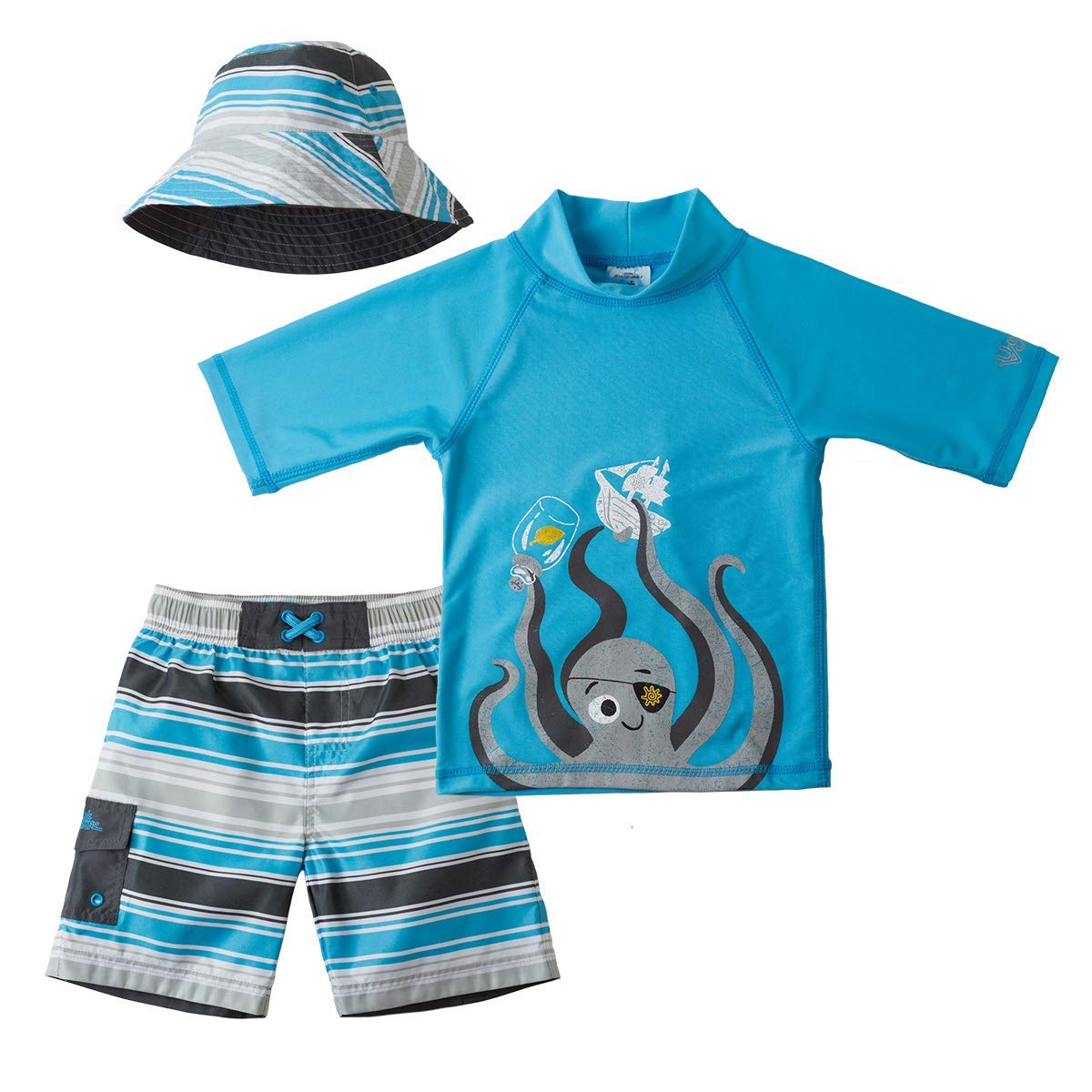 UV SKINZ Boys 3-Piece Swim Set with UPF 50+ Long Sleeve Rash Guard, Swim Shorts & Hat