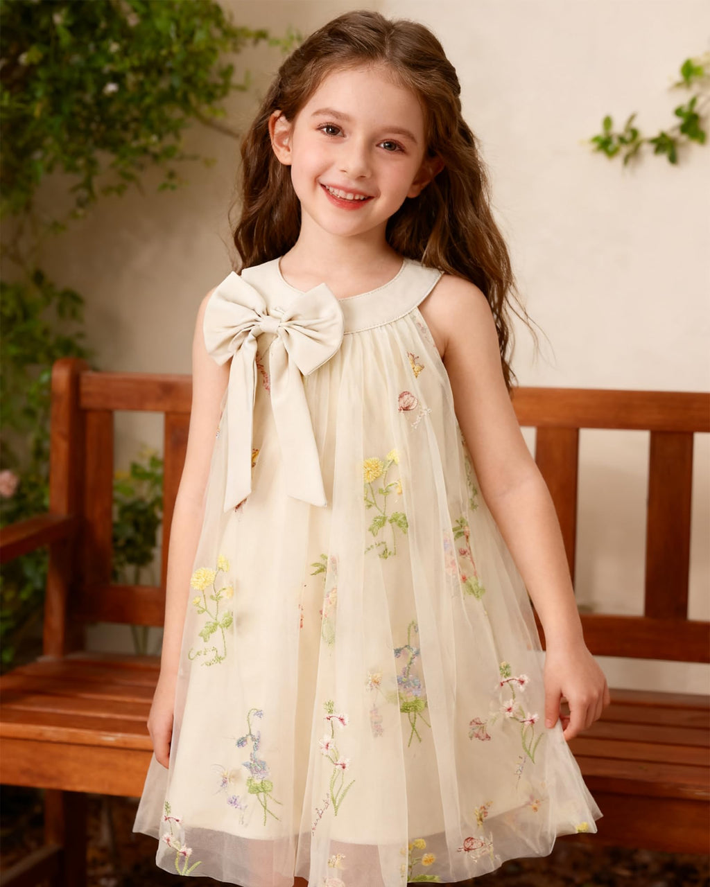 YALLET Flower Girl Dress Halter Neck Sleeveless Kids Dresses Collar Bow Embroidery Tulle Dress for Wedding Party Birthday