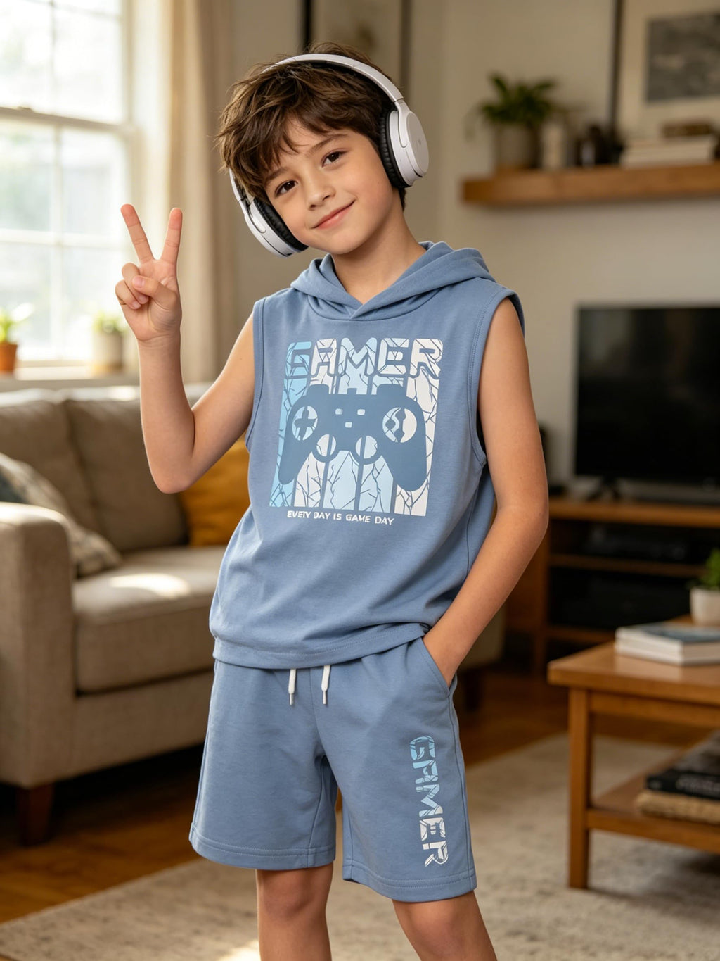 KIDLAGA Tween Boys Summer Clothes 2 Piece Short Sleeve Graphic Sleeveless Hooded Shirt and Shorts Outfit for 7-14 Years