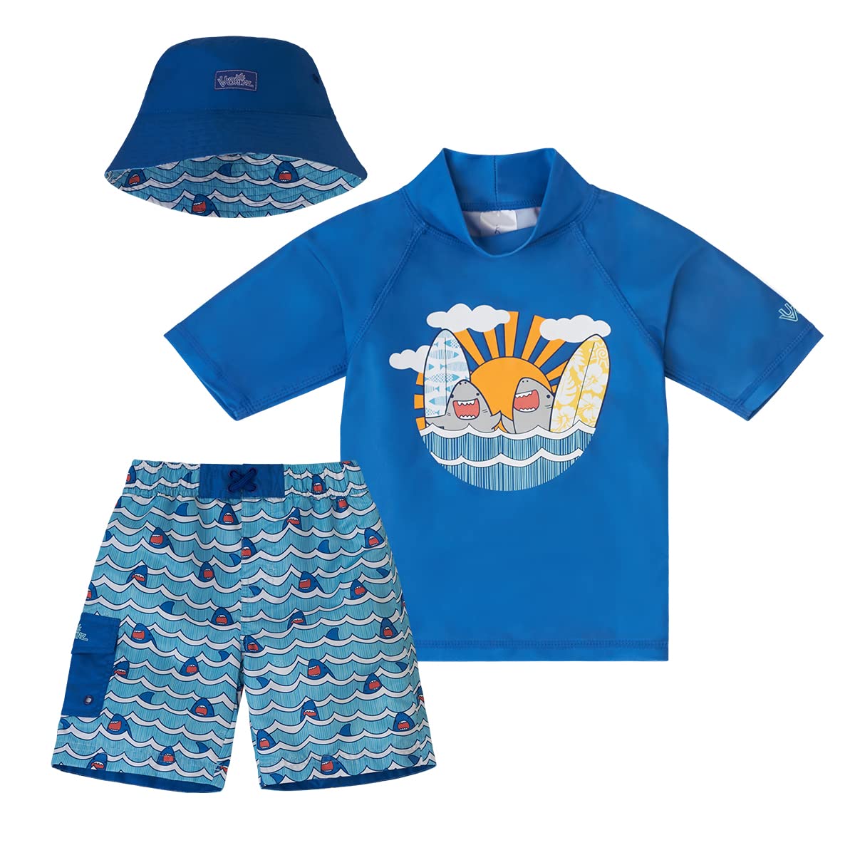 UV SKINZ Boys 3-Piece Swim Set with UPF 50+ Long Sleeve Rash Guard, Swim Shorts & Hat
