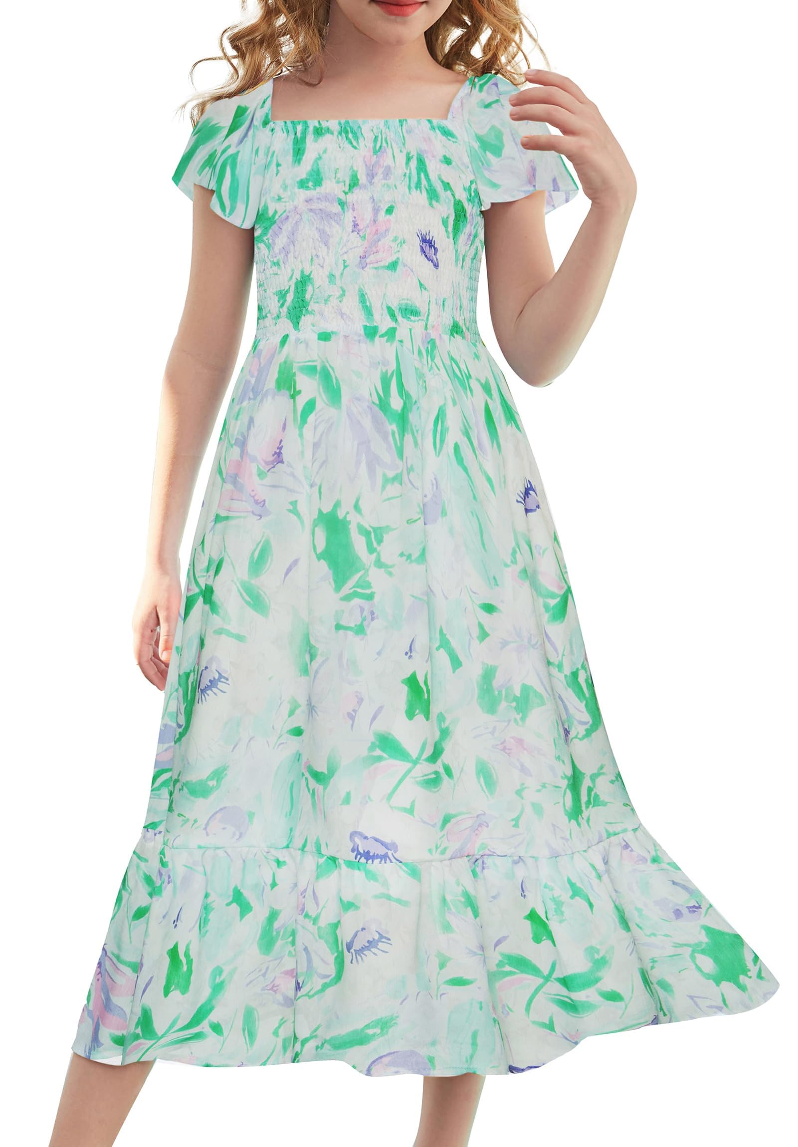 GRACE KARIN Girls Flutter Sleeve Floral Dresses Girl Long Midi Spring Dress Kids Smocked Flare Summer Dress 6-16Y