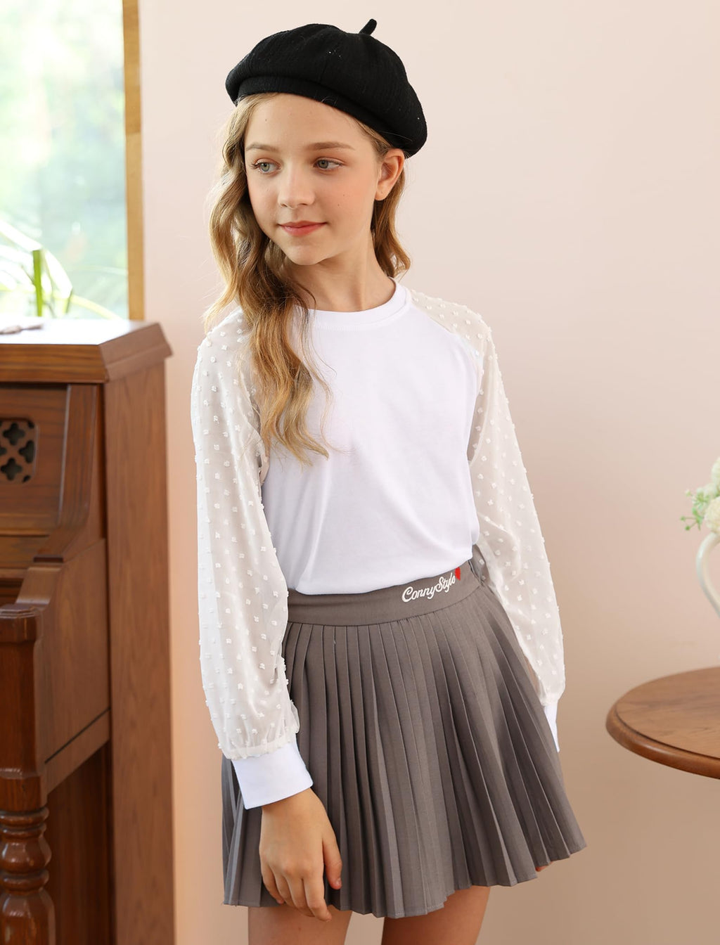 Yekaty Girls Shirts Casual Solid Color Crewneck Blouses Soft Long Sleeve Swiss Dots Chiffon Tops