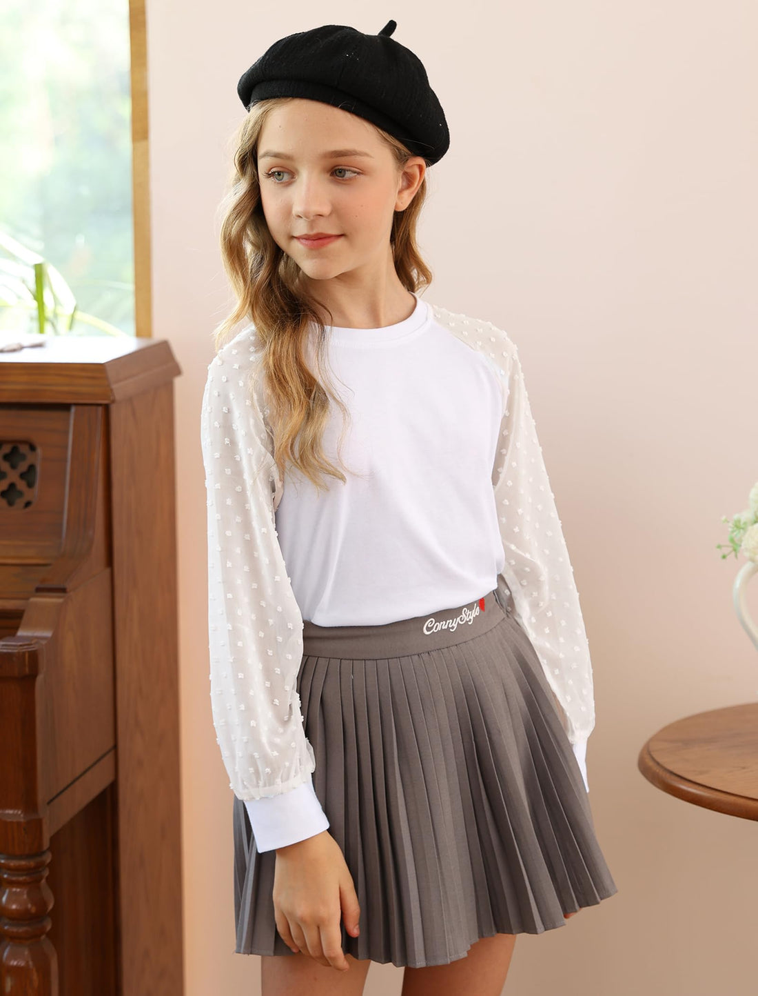 Girls Swiss Dot Chiffon Long Sleeve Crewneck Blouse