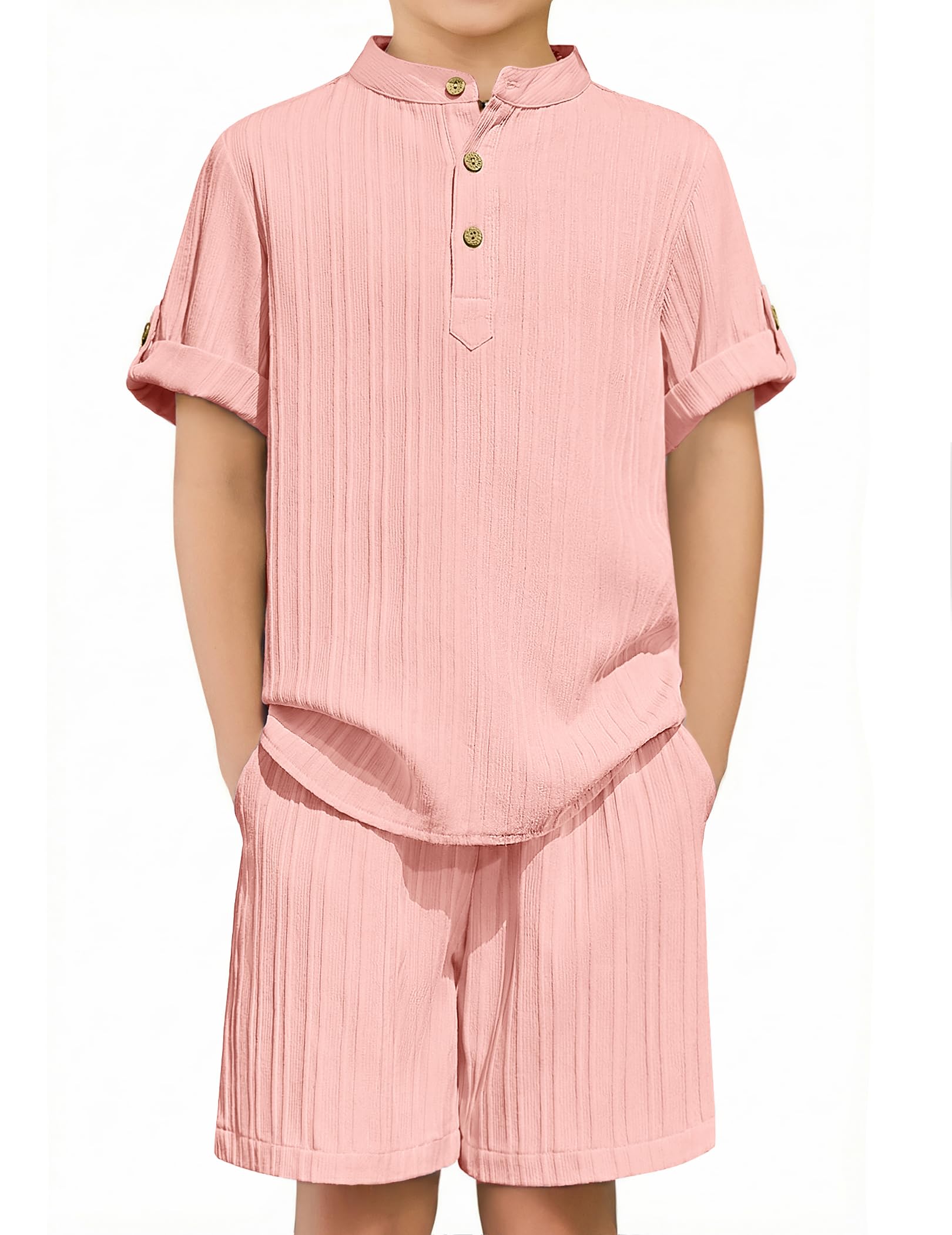 Arshiner Boys 2 Piece Summer Beach Outfits Textured Henley Shirts and Shorts Set Casual Vacation Clothes for 4-12 Years Kids