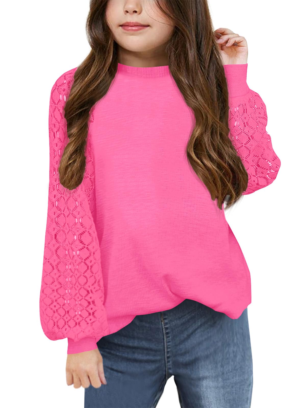 Apbondy Girls Long Sleeve Shirts Casual Crew Neck Lace Loose Blouse Tops