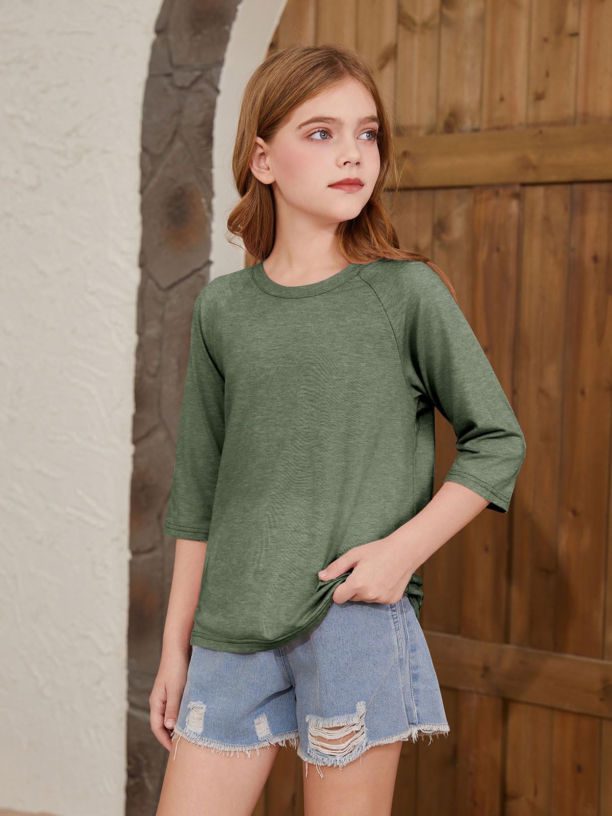 ZDC Girls Casual 3/4 Sleeve T Shirts Kids Cute Crewneck Tops Basic Tees Blouse for 5-14 Years