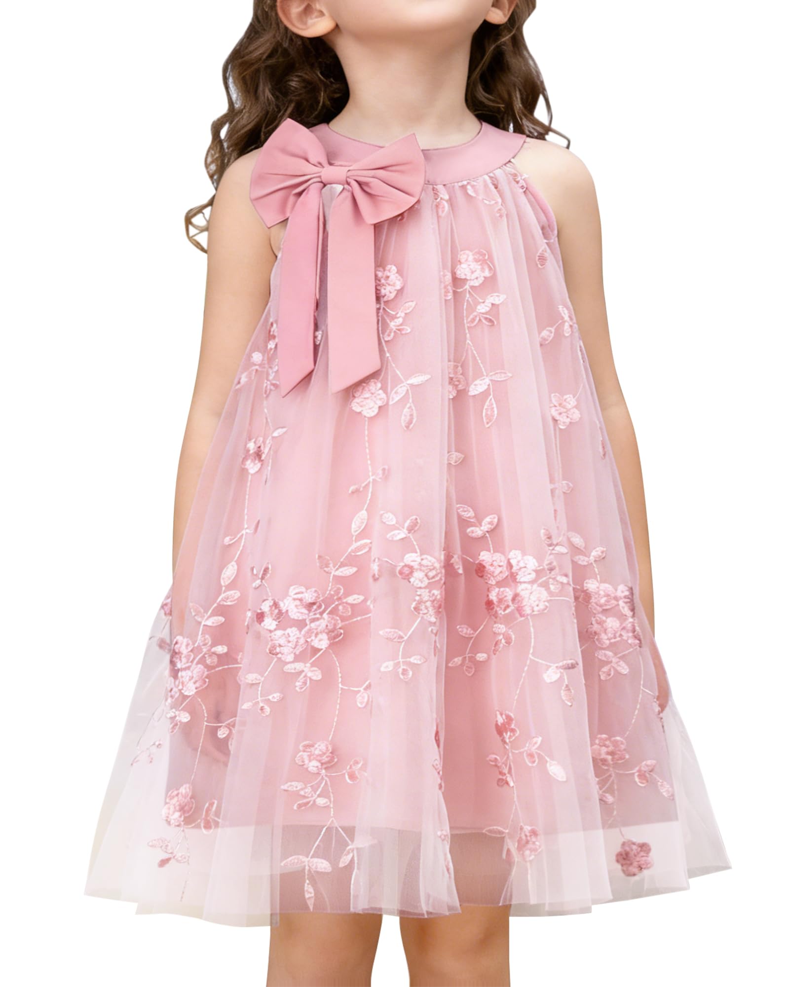 YALLET Flower Girl Dress Halter Neck Sleeveless Kids Dresses Collar Bow Embroidery Tulle Dress for Wedding Party Birthday