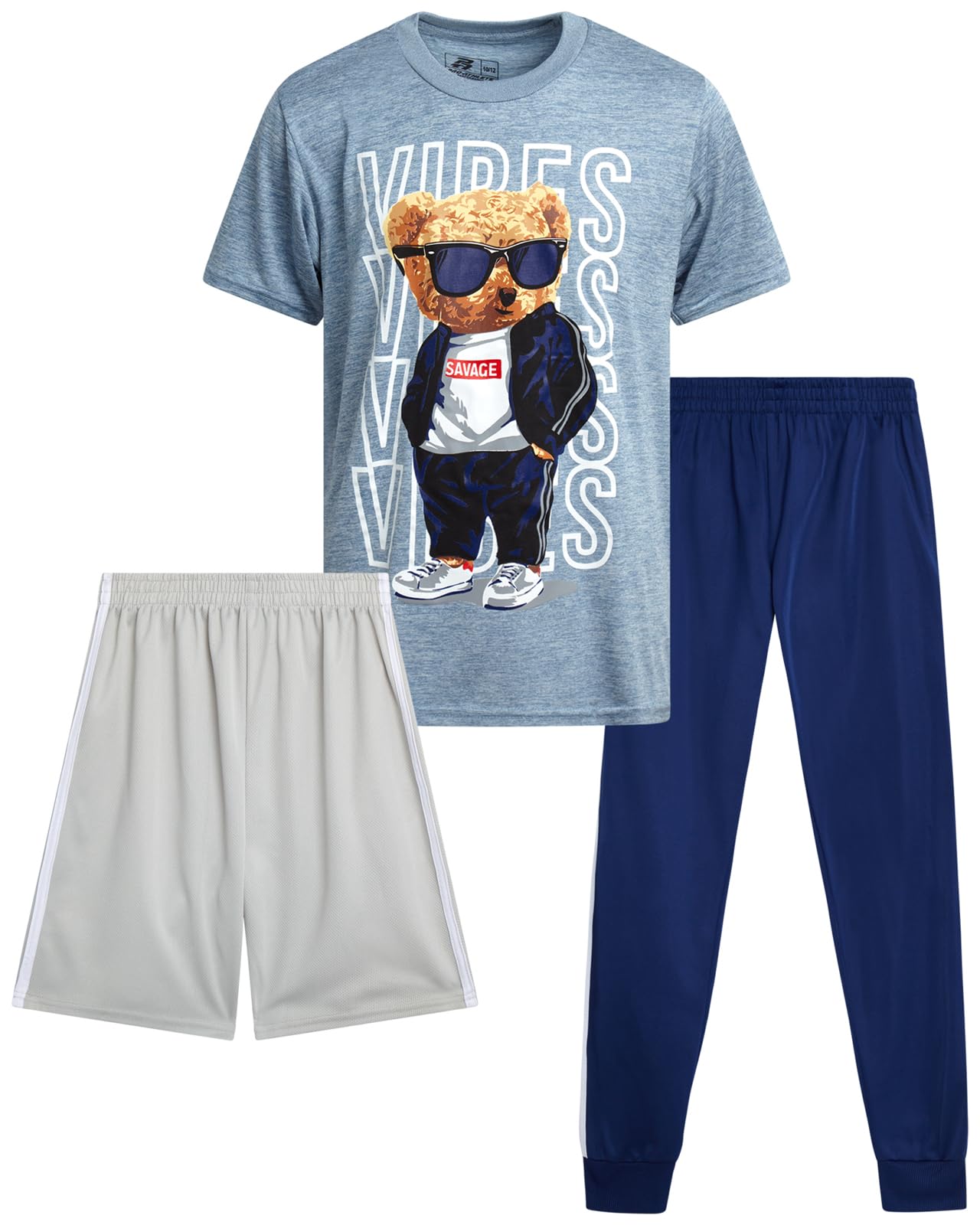 Pro Athlete Boys Pants Set - 3 Piece Active Short Sleeve Graphic Tees Athletic Shorts and Jogger Sweatpants for Boys