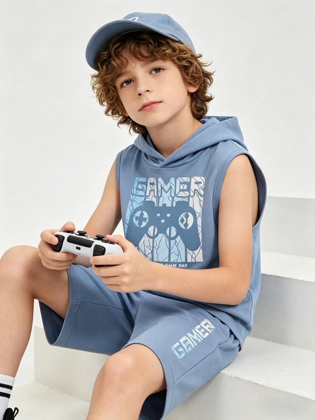 KIDLAGA Tween Boys Summer Clothes 2 Piece Short Sleeve Graphic Sleeveless Hooded Shirt and Shorts Outfit for 7-14 Years