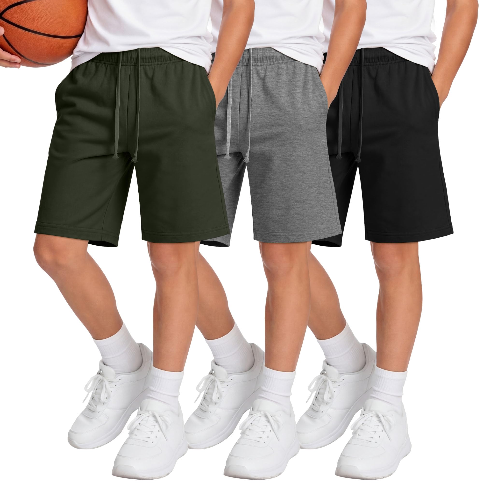 Langyiwee 3 Pack Boys Shorts Kids Baggy Athletic Sweat Shorts with Pockets Elastic Waist Summer Casual Joggers, 6-16 Years