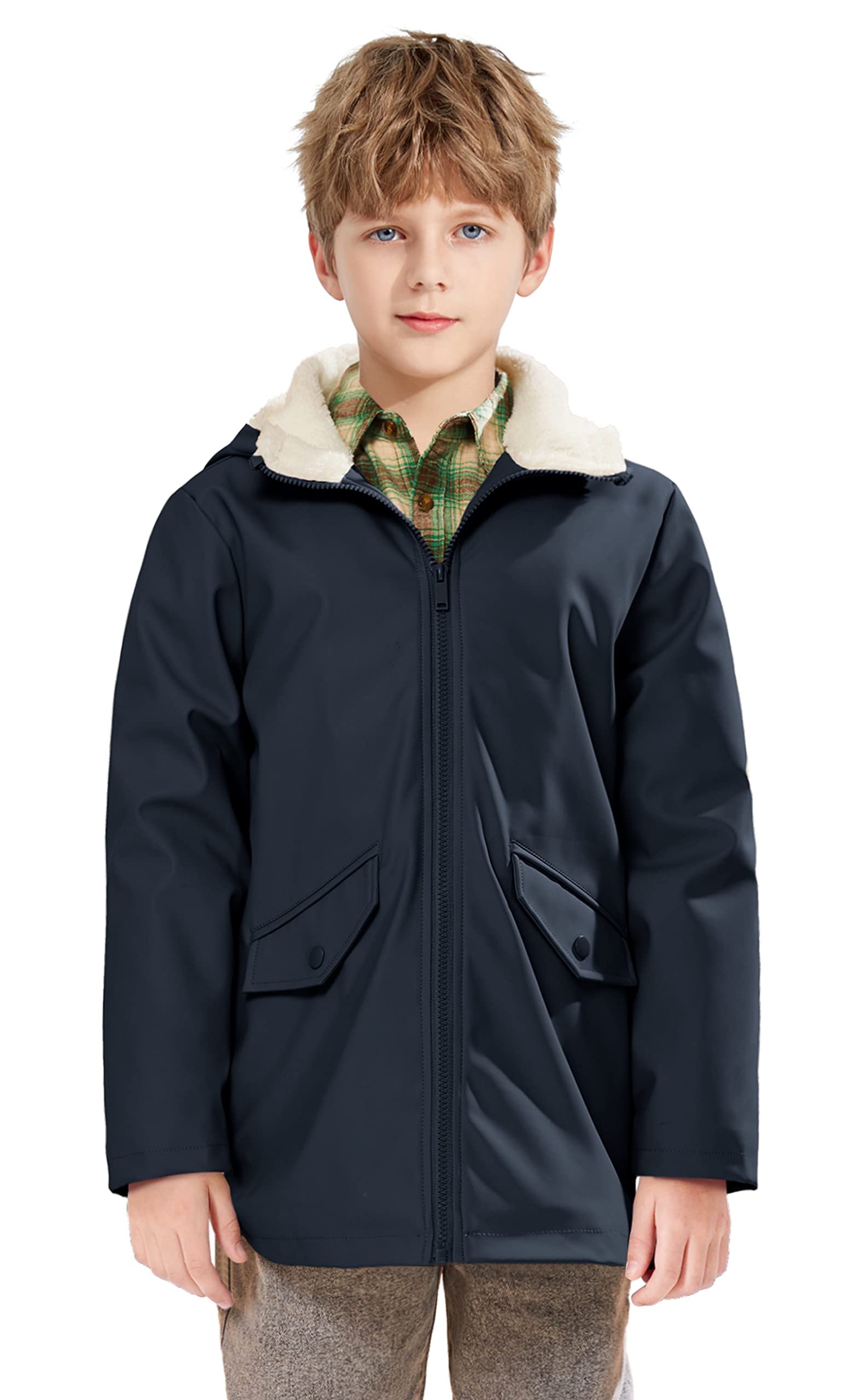 SOLOCOTE Kids Rain Jacket Hooded Lined Rubber RainCoats for Girls Boys Waterproof Windproof Size 5-14Y