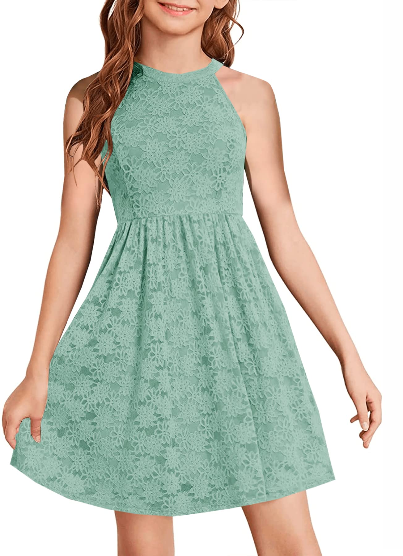 HOSIKA Girls Halter Neck Sleeveless Elegant Floral Lace A-line Flared Swing Party Dress for 6-12 Years Kid